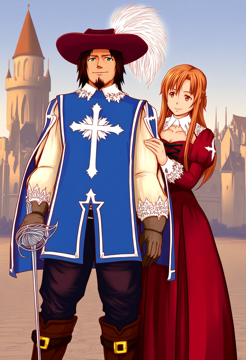 @mo-frederick. A detailed digital illustration shows a noble musketeer and the iconic character Asuna from Sword Art Onlin...