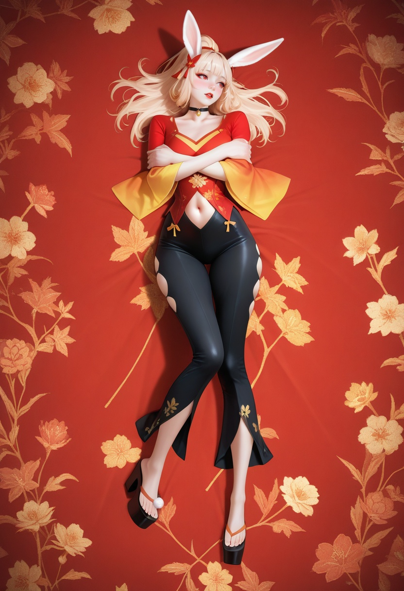 masterpiece,best_quality,(realistic:1.2),photorealistic,amazing quality,very aesthetic,absurdres,vibrant,newest,perfect body,detailled body,fair skin,pale_skin,velvet skin,curvy body,voluptuous body,skindentation,narrow waist,wide hips,full bust,curved silhouette,S-curve body,wide pelvis,slim legs,long legs,wide_shot,perfect hands,extreme aesthetic,masterful details,with a high end texture,in the style of fashion photography,Visual impact,impactful picture,offcial art,simple_background,lively_coral background wall,Capri background,lying,parted lips,from above,hands on own arms,1girl,young woman,solo,open_mouth,bright red lips,knee_blush,<lora:GSL:0.7>,white rabbit ears,long hair,blonde hair,bangs,hair ornament,collarbone,red eyes,red and yellow shirt,choker,wide sleeves,long sleeves,navel,navel cutout,clothing cutout,black pants,thigh_cutout,bell-bottoms,platform footwear,geta,pants pattern,thigh_gap,shirt pattern,leg cutting,yellow_sleeves,ponytail,yellow bow,