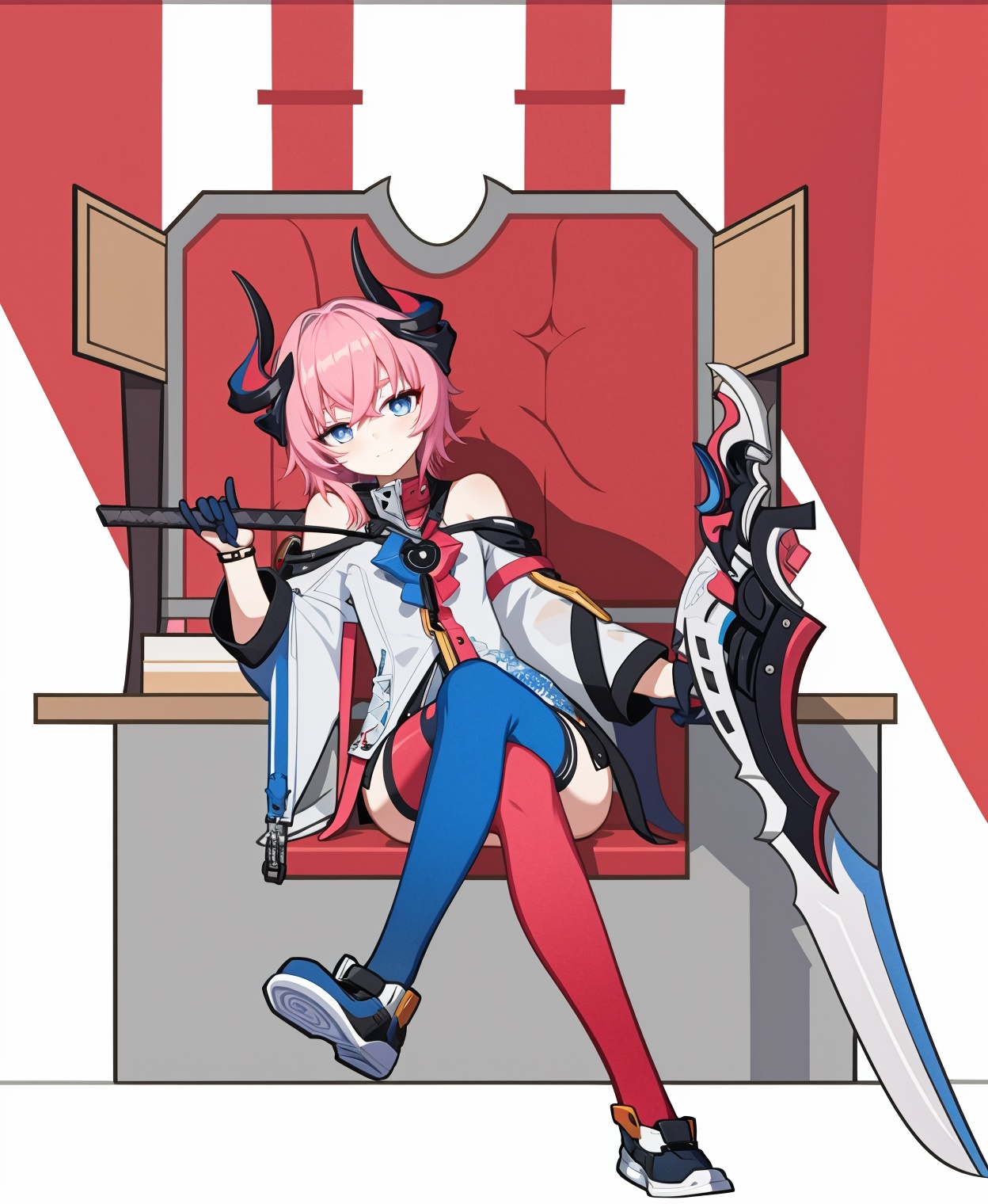 delta honkai3rd,<lora:delta-000015:0.8>,asymmetrical legwear,red legwear,blue legwear,expressionless,sitting on the throne,weapon,pink hair,sword,horns,sitting,solo,long hair,blue eyes,looking at viewer,thighhighs,mismatched legwear,bangs,full body,closed mouth,gloves,crossed legs,asymmetrical legwear,bare shoulders,shoes,jacket,holding weapon,smile,black gloves,holding,holding sword,long sleeves,, 1girl,,  (masterpiece,best quality:1.2),absurdres
