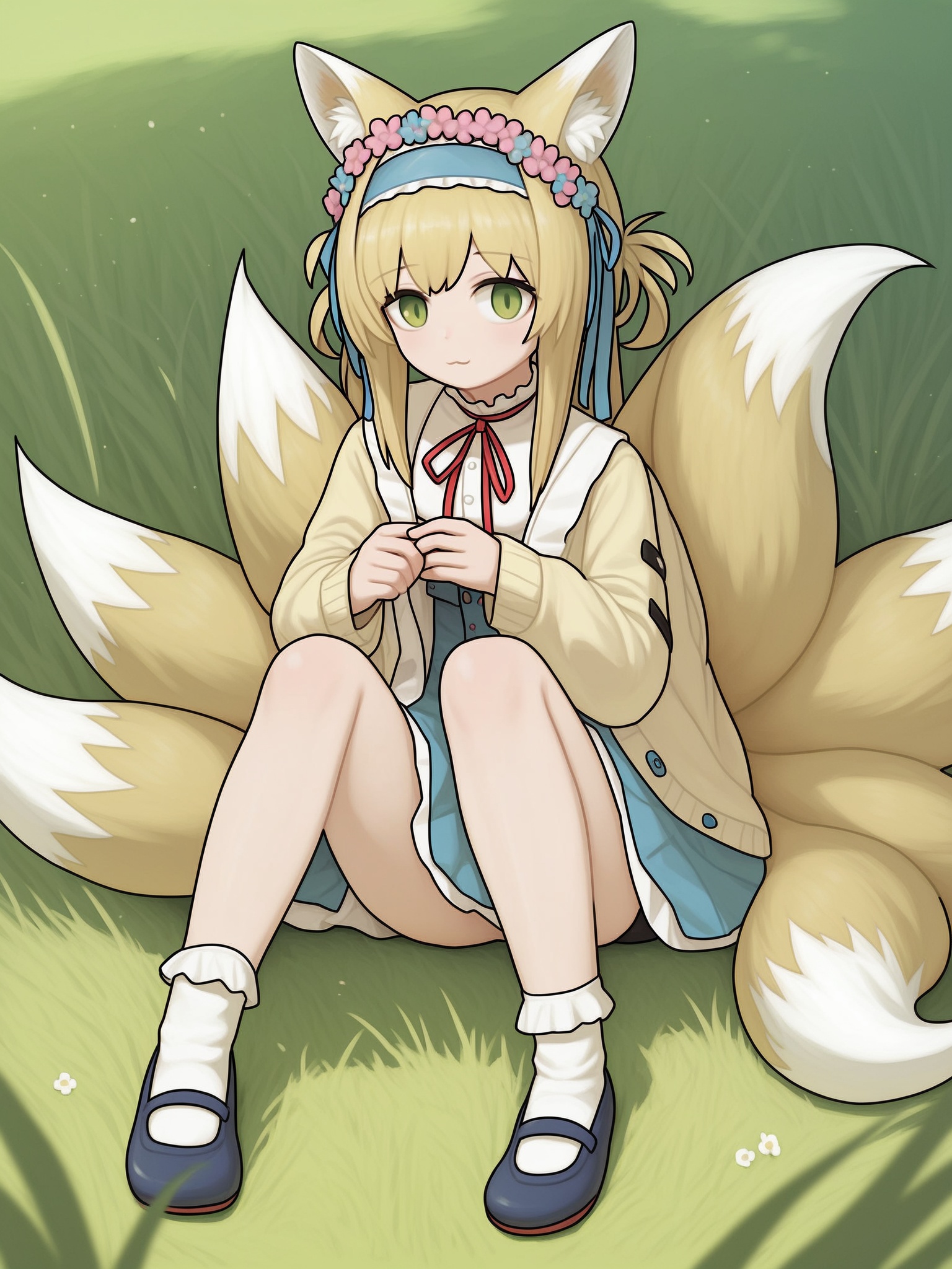score_9,1girl,suzuran (arknights),fox tail,fox ears,tail,animal ears,fox girl,green eyes,frilled hairband,blonde hair,multiple tails,cat,long hair,long sleeves,hairband,solo,sitting,red ribbon,blue hairband,frills,outdoors,ribbon,holding,cardigan,wariza,shoes,socks,neck ribbon,kitsune,looking at viewer,white socks,skirt,open clothes,head wreath,grass,animal ear fluff,