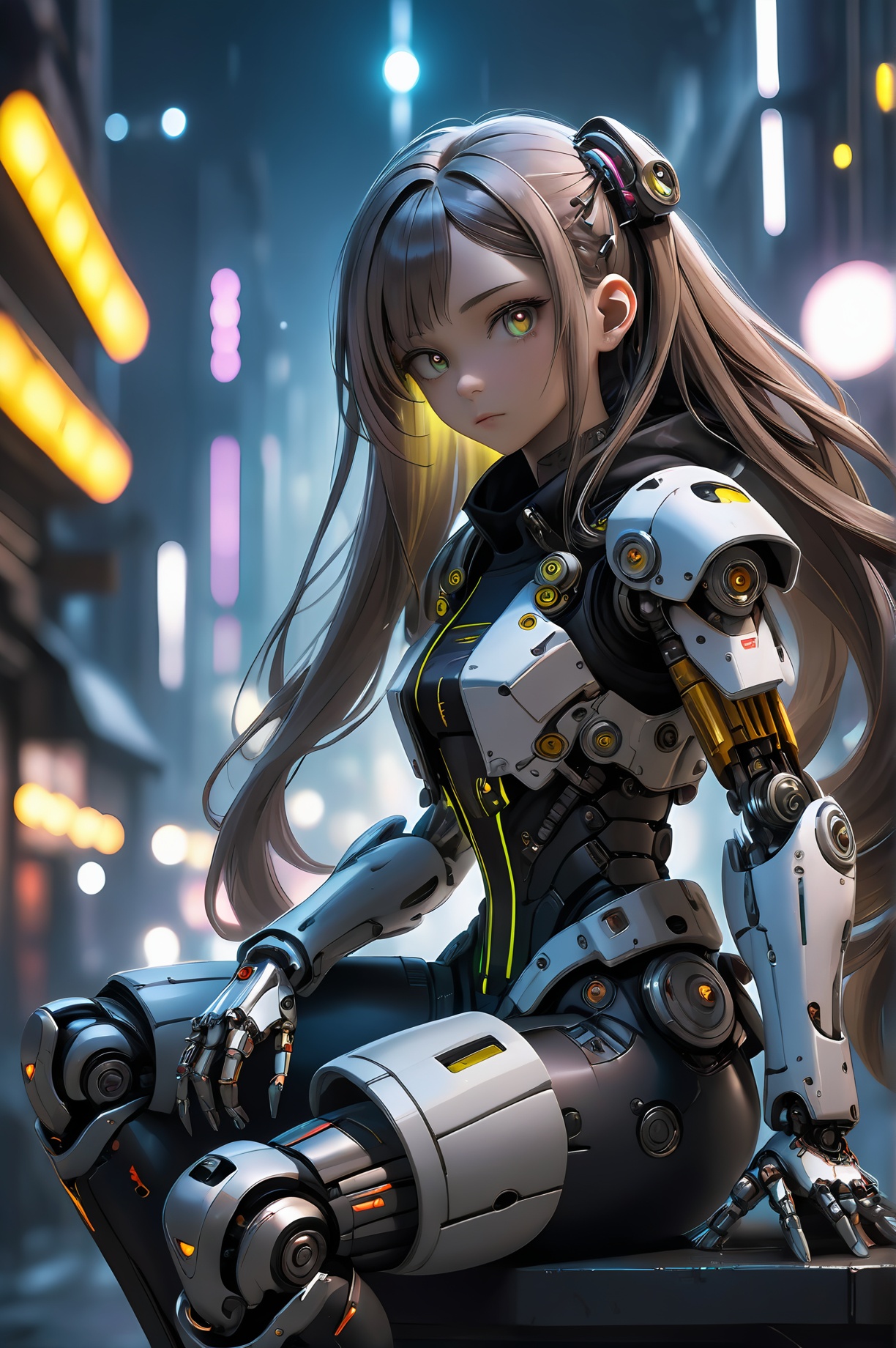 (best quality, masterpiece, colorful, dynamic angle, highest detailed)upper body photo, full body photo, fashion photography of cute 1girl, mechanical arms, cyborg, dark mood, dystopia, glowing, looking at viewer, sitting, long hair, bokeh (intricate details, hyperdetailed:1.15), detailed, moonlight passing through hair, (official cyberpunk art, extreme detailed, highest detailed), HDR+