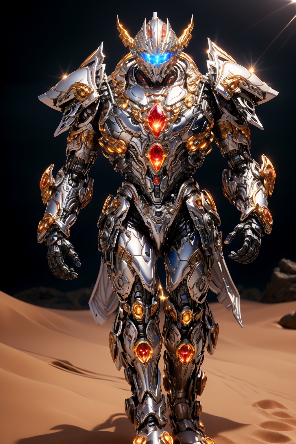 hjyzbrobot,1boy,mecha,robot sleek and smooth helmet,(((sliver))),slender,glowing  armor,white and black,masterpiece,best quality,(highly detailed),cyborg,(full body:1.3),day light,bright light,wide angle,shining sparks,walking,(sand background:1.3),<lora:hjyzbrobot-000007:0.67>,<lora:hjyzb-000007:0.2>,<lora:hjyrobo5-000010:0.5>,(((glowing ruby))),