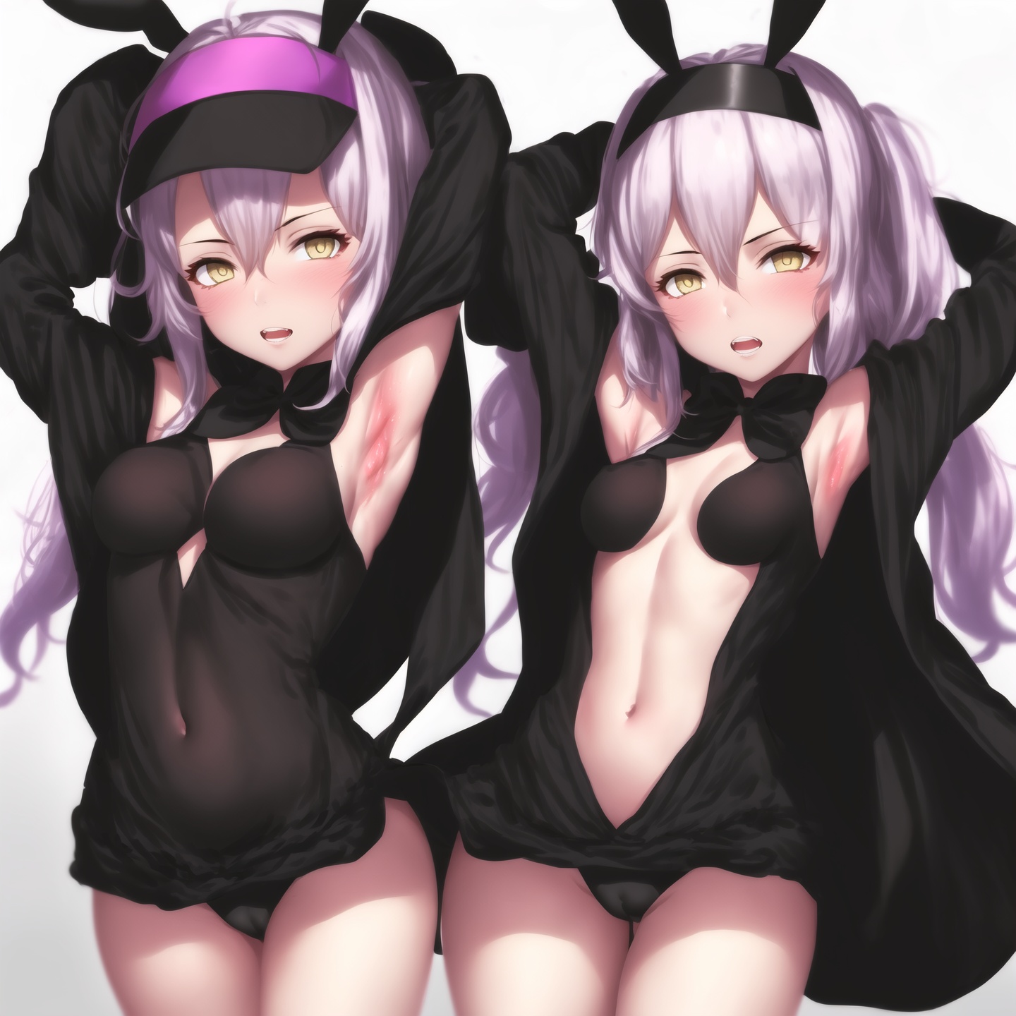 <lora:HAK:1>,HAK, 1girl, solo, animal ears, rabbit ears, long hair, breasts, hairband, armpits, open mouth, small breasts, arms up, white hair, very long hair, looking at viewer, upper teeth only, thigh gap, jacket, brown eyes, bangs, white background, black hairband, simple background, teeth, ass visible through thighs, black jacket, long sleeves, gradient background, covered navel, black skirt, gradient, skirt, arms behind head, blush, dress, yellow eyes, cowboy shot, detached sleeves