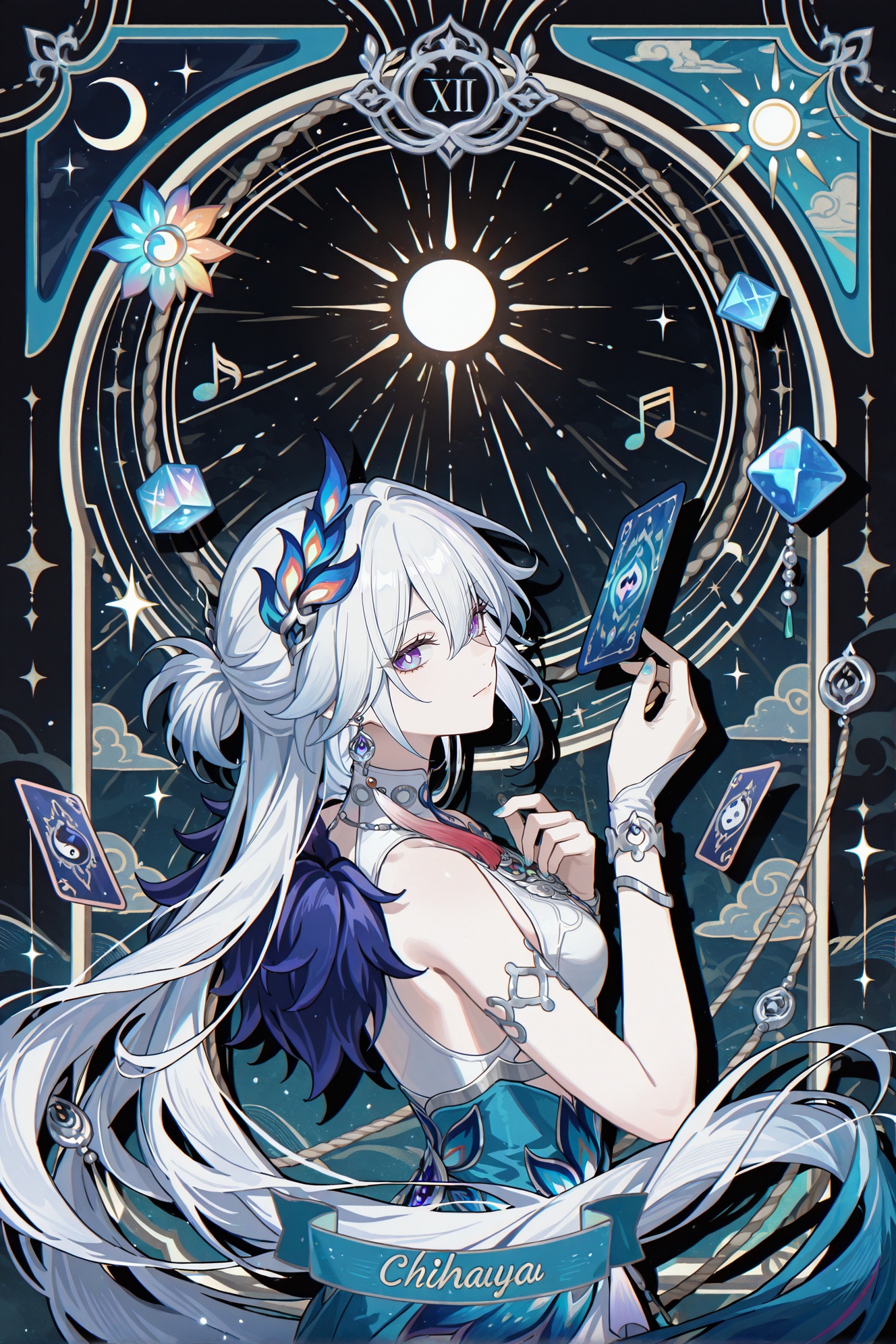 chihaya_anon,1girl,::,__artist__,year 2024,(drop shadow:1.4),(close-up:0.8),(shadow:1.2),(hands up:1.2),(border:1.2),(outside border:1.2),(hand up:1.2),(character name:1.2),from side,hand up,closed mouth,upper body,high contrast,frown,looking at another,looking at viewer,rope,portrait,drop shadow,sparkle,^ ^,flag,limited palette,moon,yin yang,bug,cloud,star (symbol),circle,silk,arrow (symbol),staff,(musical note),(((tarot card))),black theme,(((sun))),cube,crescent moon,flower,sunlight,colorful,very awa,masterpiece,best quality,newest,highres,absurdres,<lora:yaoguang-ill-Tanger:0.8>,Yao Guang \(Honkai: Star Rail\),clothes: lightcyan dress,blue one-shoulder fur outfit,1girl,long hair,hair ornament,jewelry,purple eyes,white hair,multicolored hair,earrings,white footwear,feathers,