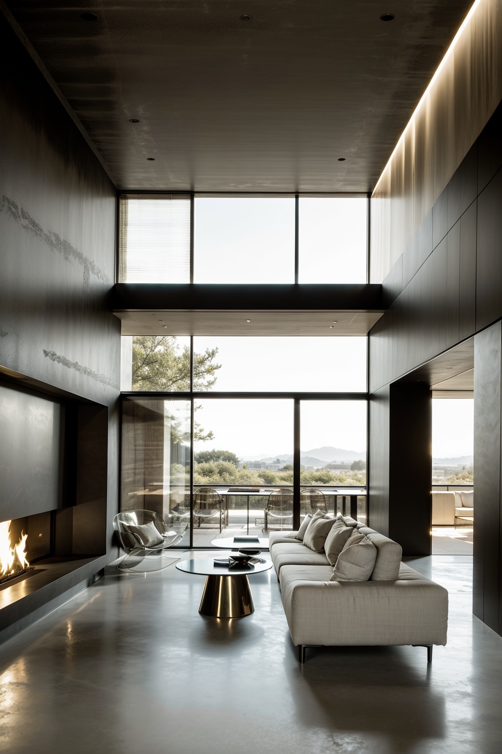 Hotel lobby, reception lobby, with a beautiful background, a sense of design, very modern, Tadao Ando,HD, with details, masterpieces, masterpiecesThere's a fireplace on the side, there's a flame