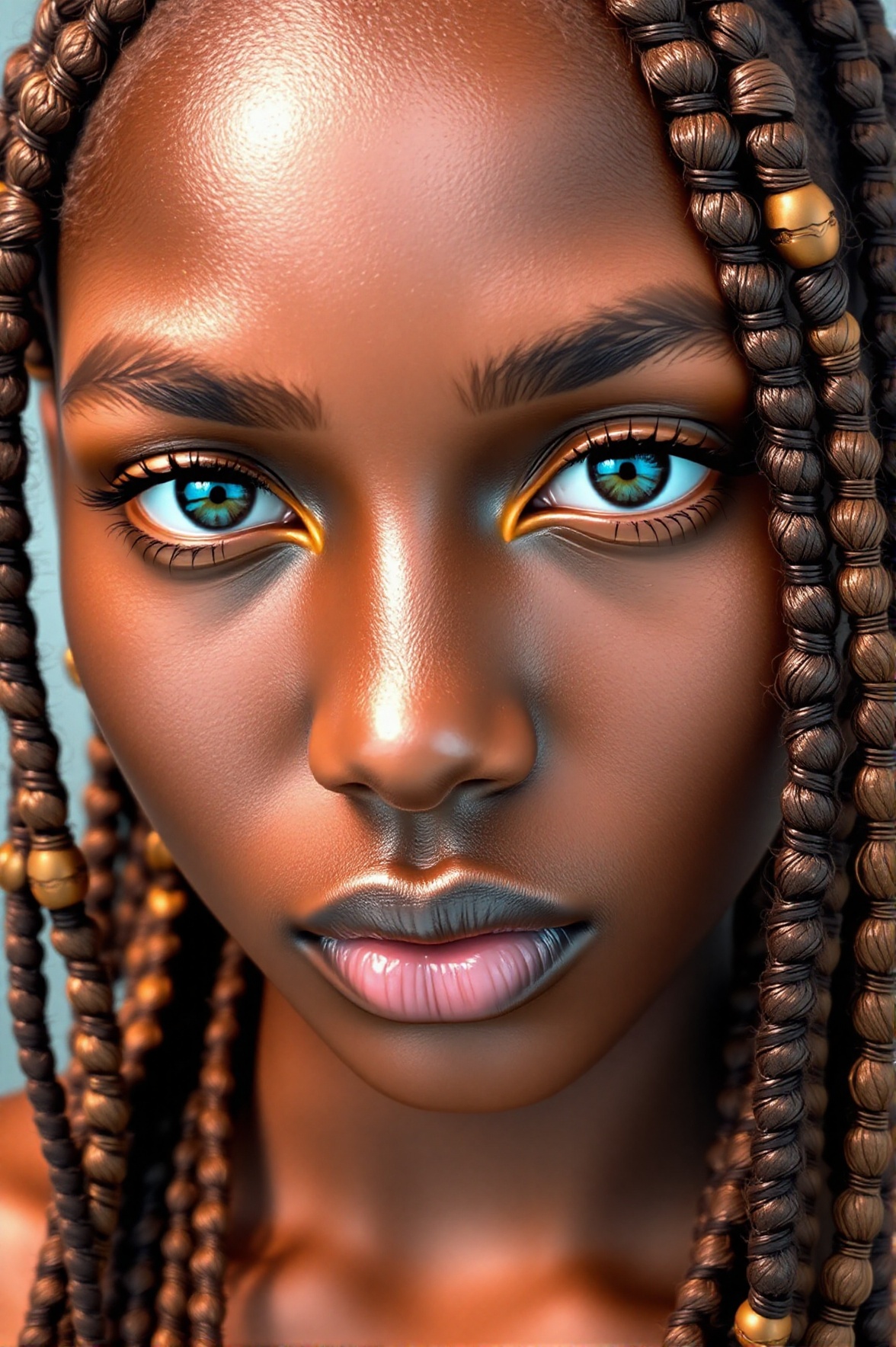 This is a high-resolution photograph of a young woman with a dark brown complexion. She has a smooth,  flawless complexion...