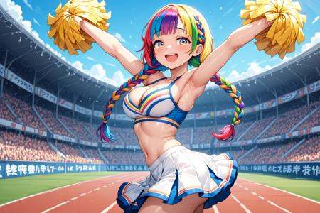 1girl, solo,cheering, cheerleader girl, holding pom-poms, cheerleader costume, sweat,happy smile, laugh, open mouth,from side,cowboy shot, looking at viewer,crowds, spectators, audience,in school ground, sports festival, day, ultra detailed background,very wide, panorama view, sense of depth, magnificent view,medium breasts, cleavage,, (random color hair, multicolored hair:1.2), rainbow color eyes, herringbone braids,, masterpiece,best quality,amazing quality,