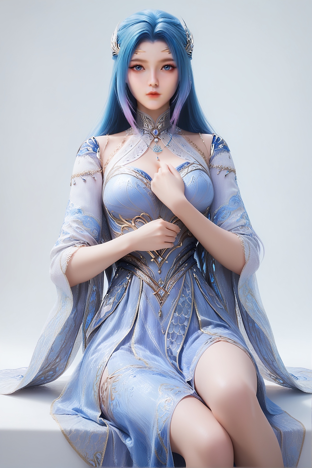 score_9,score_8_up,score_7_up,<lora:wy_tangwutong_x_XL7.2:0.8>,1girl,long hair,breast,medium breast,dress,multicolored hair,blue hair,blue eyes,thick_thighs,sitting,simple background,white_background,blue_dress,