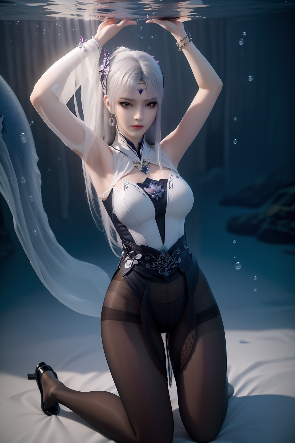 1girl,underwater,submerged,floating hair,air bubble,holding breath,see-through,masterpiece,best quality,highly detailed,fish,(wide hip:1.2),jellyfish,earrings,hair ornament,sea weed,coral reef,shark,sea turtle,sexy pose,kneeling,chinese dress,chinese clothes,big breasts,(looking at viewer:1.2),black pantyhose,arms up,torn pantyhose,white hair,