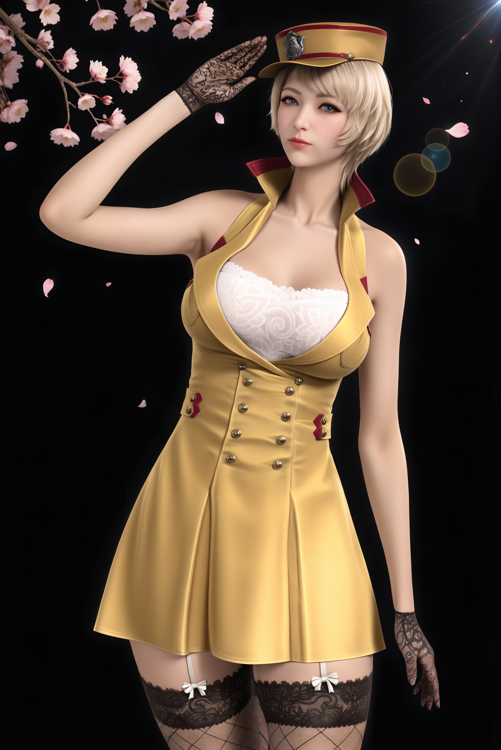 masterpiece,best quality,absurdres,highres,plump,curvy,mature female,<lora:潜-灵狐-ill-000009:0.85>,1girl,solo,blonde hair,short hair,blue eyes,linghuzhe,halter dress,white bra,lace bra,high collar,bare shoulders,military hat,lace-trimmed legwear,fishnet thighhighs,garter straps,black gloves,lace gloves,collarbone,(salute:1.1),looking at viewer,(front view),BREAK(white_skin:1.1),(fair_skin:1.1),realistic,twig,branch,falling petals,simple background,black background,rim light,Volumetric Lighting,lens flare,Tyndall effect,depth of field,bokeh,sparkle,
