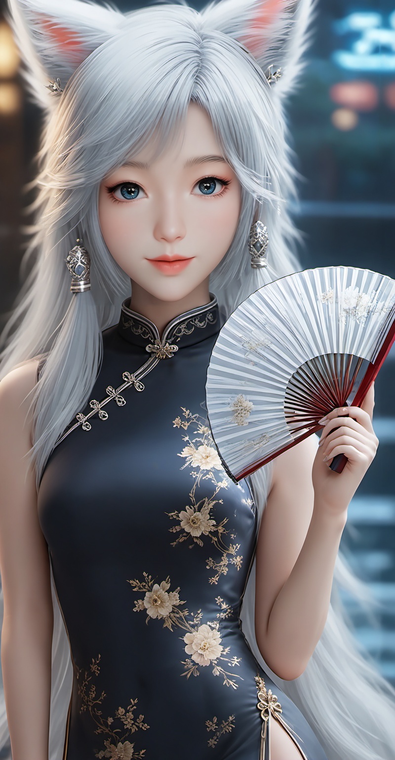Close-up details,outstanding style,adding a touch of dimension to your images without compromising details,<lora:银月XL:0.8>,yinyue,white hair,fake animal ears,fox_ears,blue eyes,fair_skin,long hair,jewelry,earrings,1girl,dress,hand fan,holding,solo,earrings,jewelry,chinese clothes,china dress,black dress,holding fan,floral print,blurry,sleeveless,looking at viewer,sleeveless dress,folding fan,standing,head tilt,2,whirls of vapor,iridescent textures,(Anime:1.1),soft neon light,ethereal ambiance,delicate details,magical atmosphere,concept art,highly detailed,ultra-high resolution,32K UHD,sharp focus,best-quality,masterpiece,golden hour,unconventional supreme masterpiece,masterful details,temperate atmosphere,in the style of fashion photography,cover,Dynamic Angle,with a high-end texture,Dynamic posture,