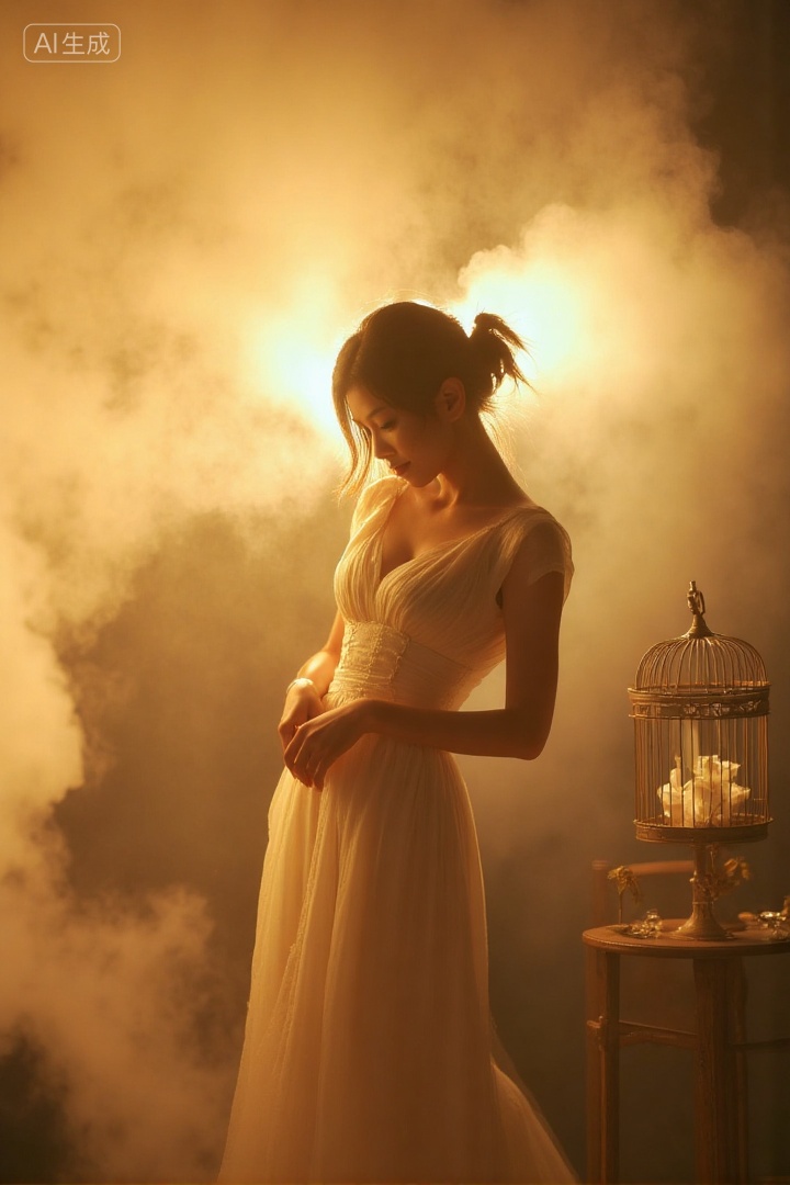 A woman in a white long dress,surrounded by smoke,warm yellow light,mysterious and artistic atmosphere,birdcage in the background,soft and hazy mood,4:5 ratio.,, Negative prompt: ng_deepnegative_v1_75t,(badhandv4:1.2),EasyNegative,(worst quality:2),,nsfw, Steps: 30, Sampler: Euler, CFG scale: 3.5, Seed: 1090303345, Size: 720x1080, Model hash: 8cba4f1ef4, Model: F.1基础算法模型-哩布在线可运行_F.1-dev-fp8.safetensors, Denoising strength: 0, RNG: CPU, Lora 1: 20250913-1757780180322-0001, Lora Hash 1: 2c61ab8cf8, Lora Weight 1: 0.8, vae_name: automatic