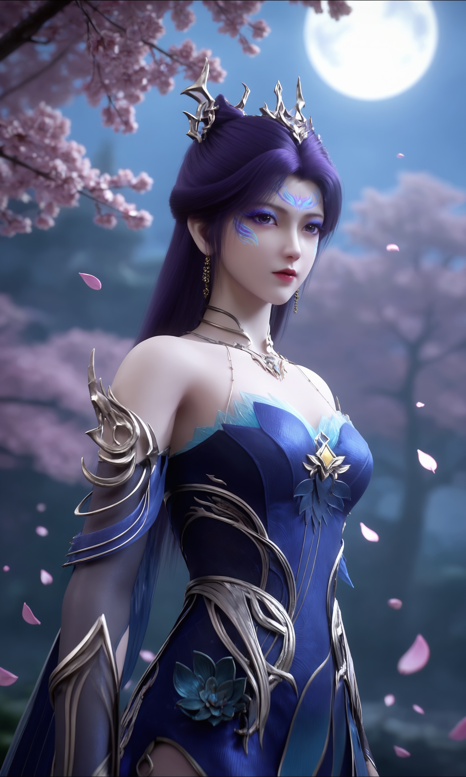 <lora:神墓-梦可儿-解封Pony:0.8>,1girl,hair ornament,long hair,blue hair,orehead mark,facial mark,detached sleeves,earrings,bare shoulders,blue dress,necklace,, masterpiece,best quality,solo,1girl,upper body,petals,looking at viewer,moon,branch,cherry blossoms,flower,extreme aesthetic,(quasarcake:0.7),masterpiece,best quality,good quality,newest,very aesthetic,absurdres,A shot with tension,(Visual impact,giving the poster a dynamic and visually striking appearance:1.2),impactful picture,offcial art,colorful,splash of color,movie perspective,
