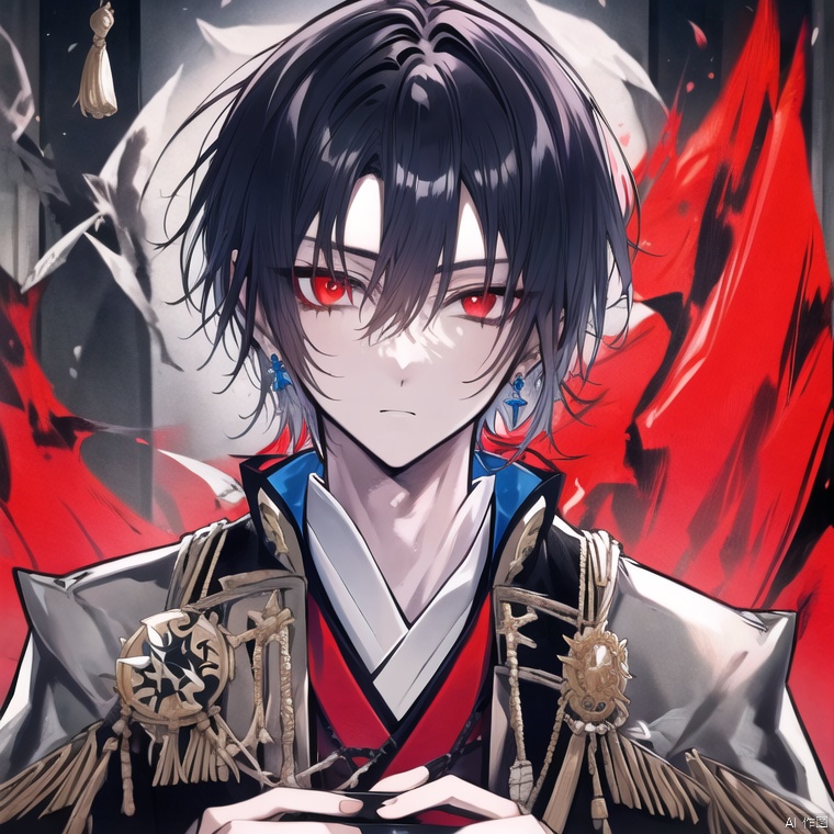 solo, looking at viewer, short hair, bangs, black hair, red eyes, 1boy, holding, hair between eyes, jewelry, upper body, male focus, earrings, japanese clothes, armor, fur trim, fire, tassel, paper, japanese armor, holding paper, talisman<lora:EMS-302518-EMS:0.400000>, <lora:EMS-322271-EMS:0.700000>