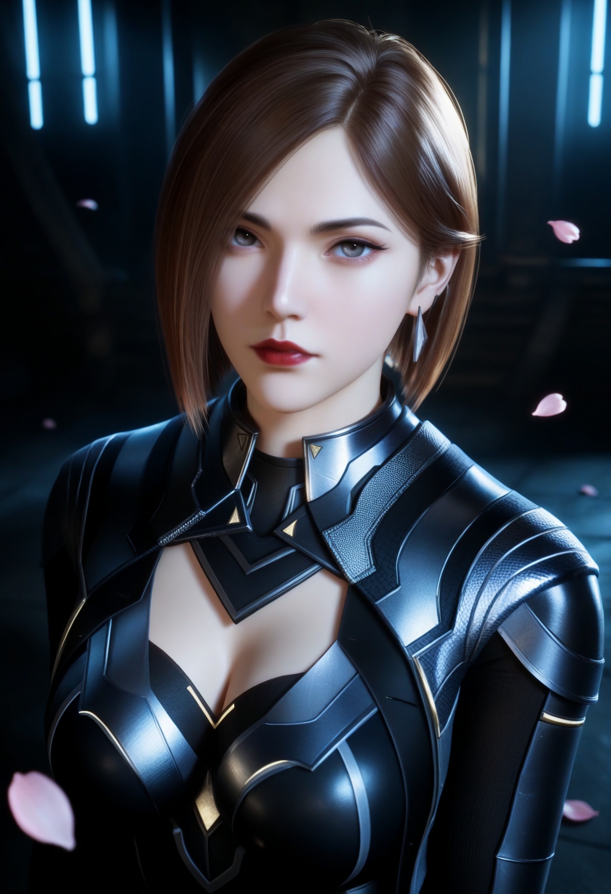 masterpiece,best quality,amazing quality,very aesthetic,high resolution,ultra-detailed,absurdres,scenery,photorealistic,(looking at viewer:1.1),upper body,(Dark room:1.3),(moody lighting:1.1),peach blossom,falling petals,(large breasts:0.8),jiangfang,1girl,solo,brown hair,short hair,armor,jewelry,earrings,realistic,grey eyes,cleavage cutout,bodysuit,clothing cutout,red lips,high_heel_boots BREAK photorealistic details,<lora:QQSilljiangfangV1:0.8>,