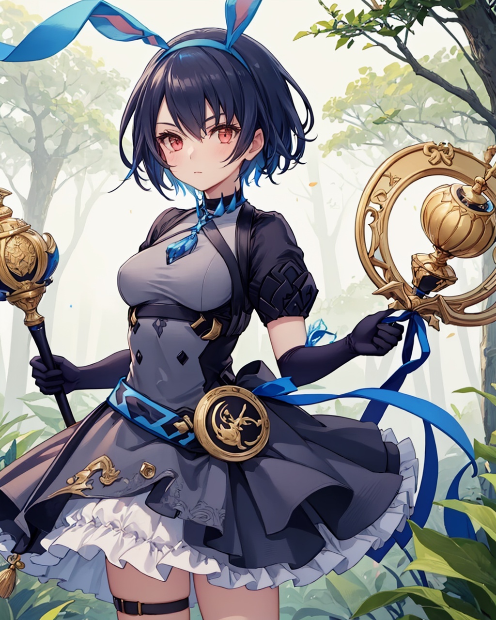 masterpiece,best quality, highly detailed, alice (sinoalice),1girl, puffy short sleeves, black dress, elbow gloves, solo, looking at viewer, black gloves, forest, bush, standing, cowboy shot, outdoors, closed mouth, tree, holding staff, frilled dress, hairband, medium breasts, rabbit, hair ribbon, choker, buttons, stuffed bunny, crown,<lora:alice_(sinoalice):1>
