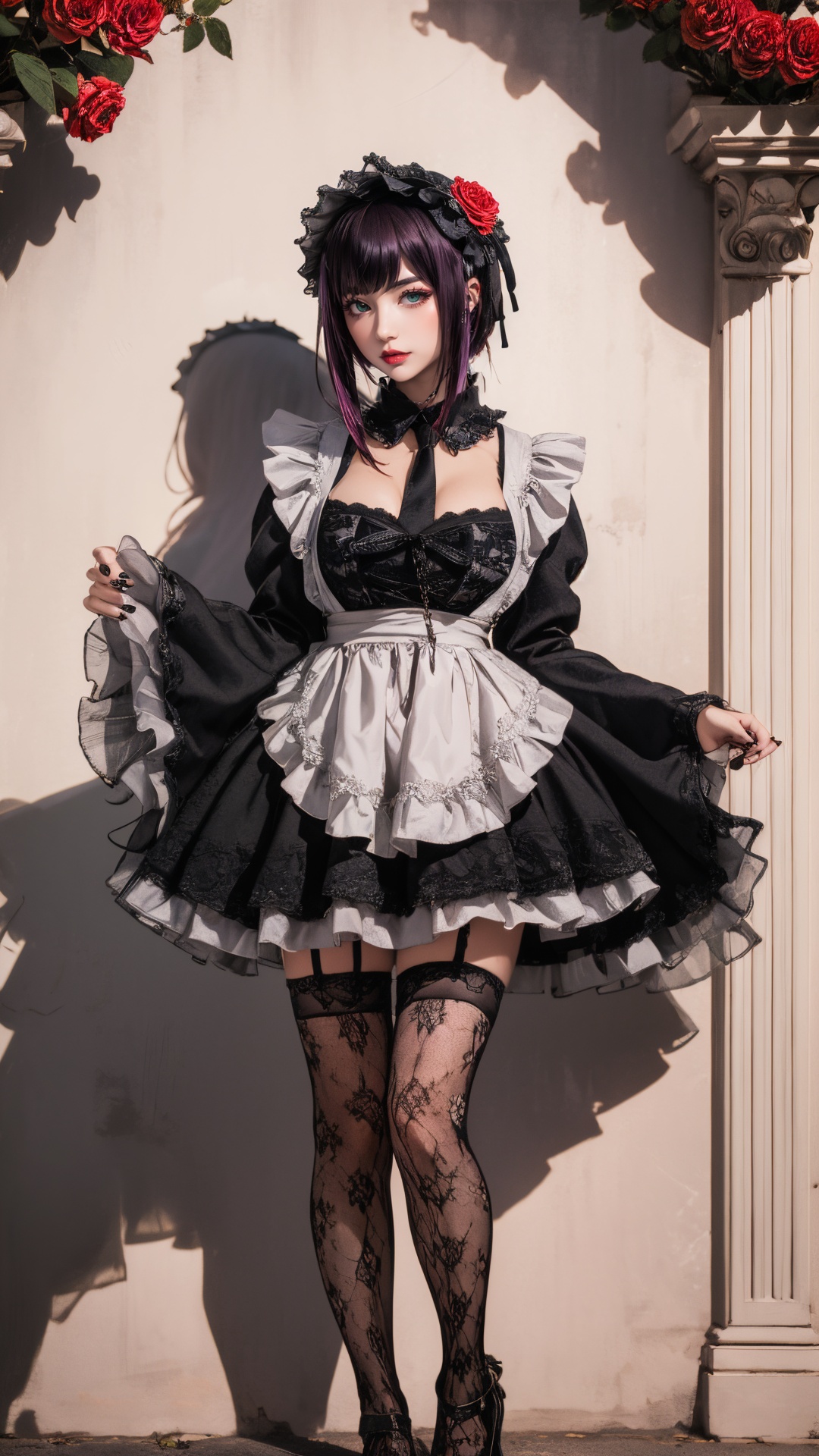 tutututu,1girl,solo,Kuroe Shizuku,lolita fashion,apron,pantyhose,gothic lolita,black dress,frills,hair flower,hair ornament,chain leash,black nails,wide sleeves,lace trim,long sleeves,rose,black footwear,black necktie,maid,fishnets,maid headdress,detached collar,red flower,thighhighs,hairband,chain,floral print,lolita hairband,garter straps,black thighhighs,lace,<lora:Kuroe Shizuku_Lolita-000007:0.5>,1girl,solo,full body,a captivating young woman. Emphasize her striking red hair and mesmerizing green eyes. Create intricate floral hair ornaments,showcasing a harmonious blend of diverse blooms. Surround her with a lush,immersive floral background,rich in detail and vivid hues,providing an ethereal atmosphere. Ensure the composition exudes beauty,grace,and the essence of a blooming garden,flower dress,