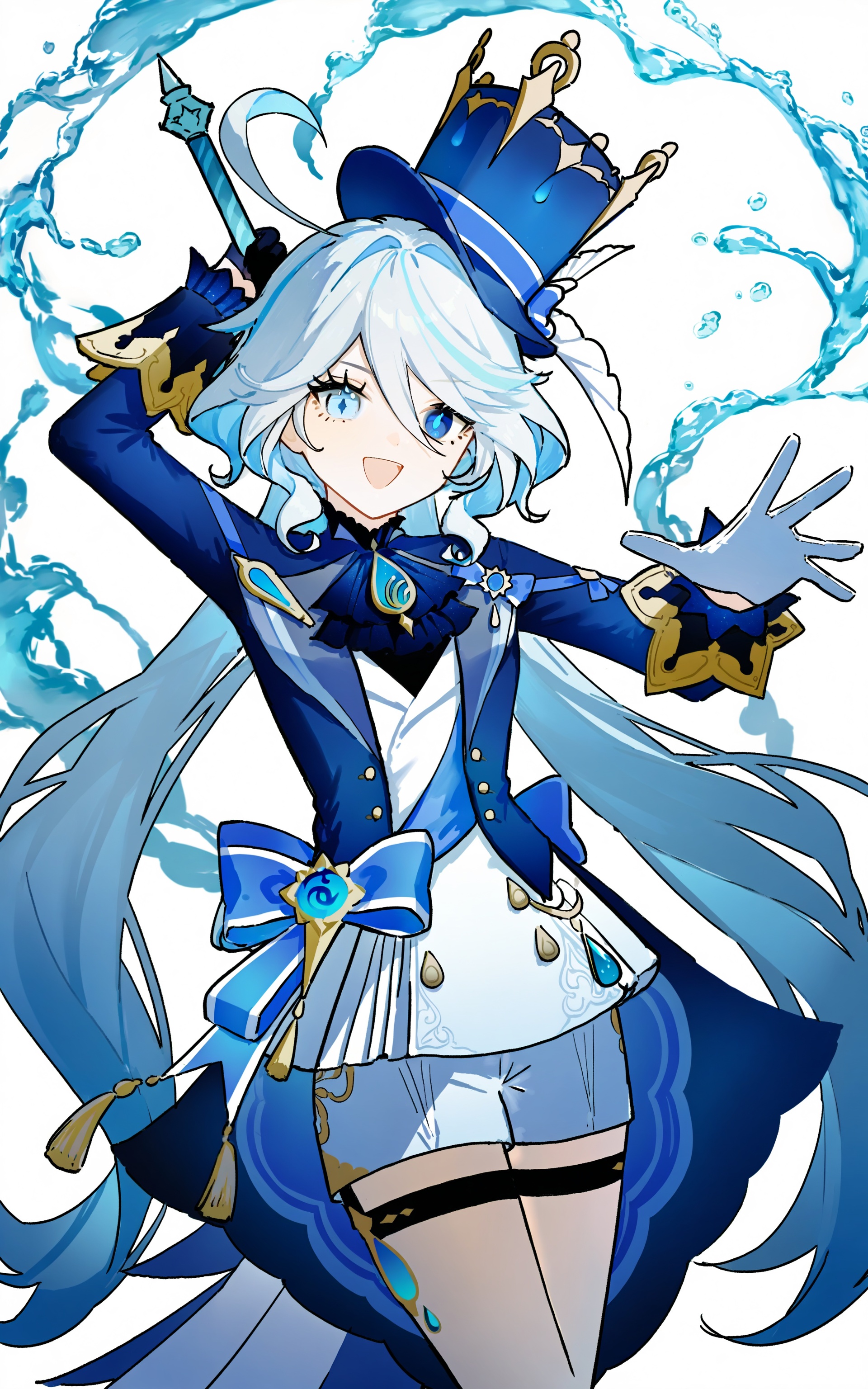 1girl,furina \(genshin impact\),solo,blue headwear,hat,blue jacket,blue hair,jacket,top hat,blue eyes,open mouth,gloves,holding,looking at viewer,long hair,long sleeves,hair between eyes,sword,holding sword,white gloves,weapon,heterochromia,holding weapon,ahoge,light blue hair,multicolored hair,water,cowlick,smile,mismatched pupils,ascot,black gloves,drop-shaped pupils,