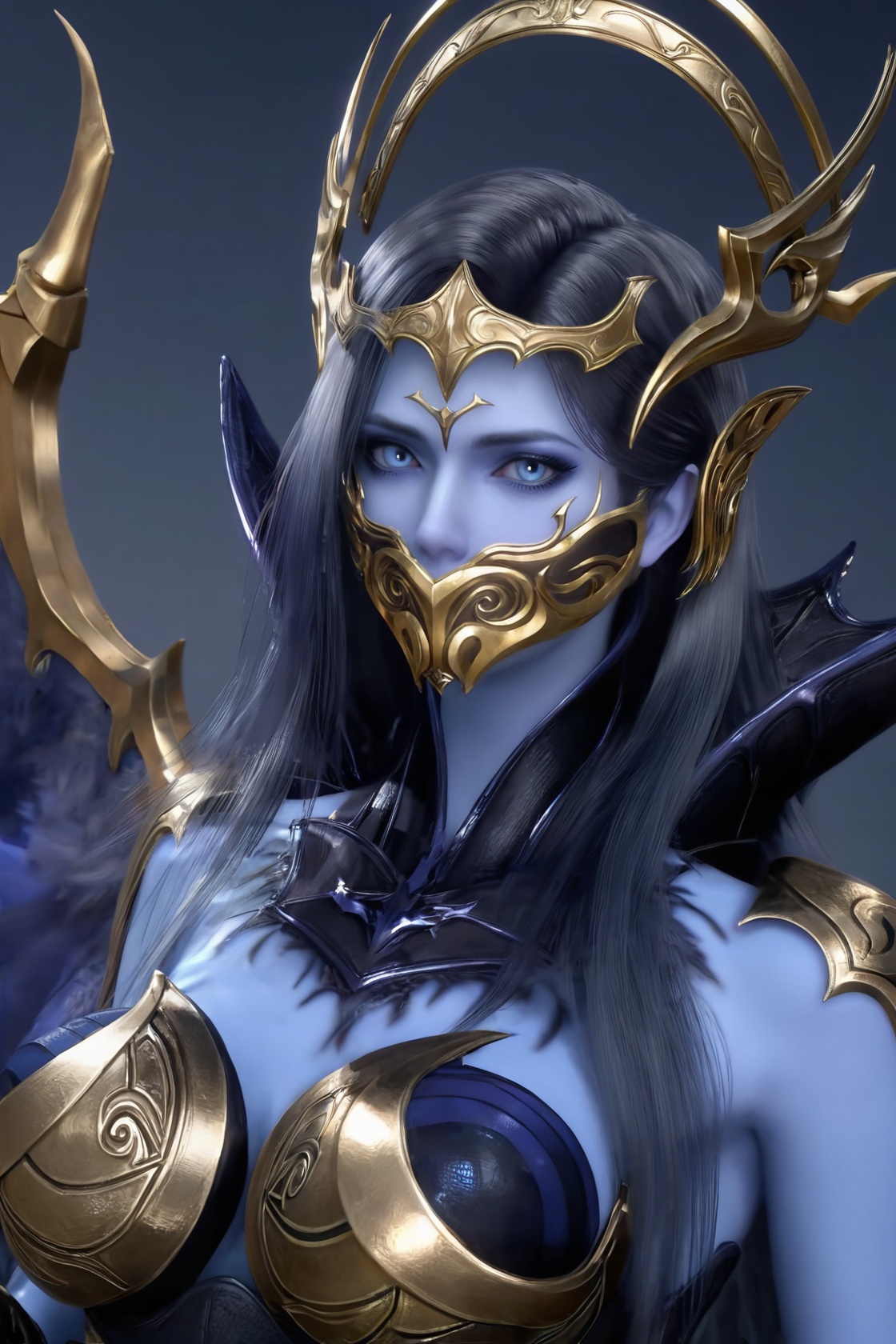 (score_9),<lora:不闻不问-apony-000008:0.85>,bwbw,mouth mask,1girl,solo,upper body,<lora:perfect eyes_v1:0.8>,bright pupils,blue eyes,looking at viewer,front view,female,(mature_female:1.1),hair ornament,headpiece,long hair,black hair,metal halo,(feathered wings),feathered,(black claws),dark lips,(finger claws),demon wings,wrist guards,high collar,detached collar,shoulder armor,breastplate,halo,collarbone,glamor,simple background,<lora:Expressive_H-000001:0.8>,(colored skin),
