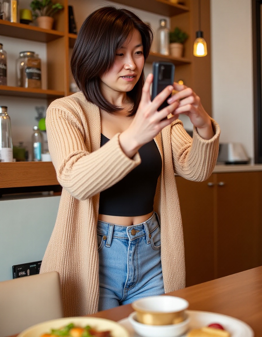 Photorealistic image of a woman,  "Casual fall day outfit with a knit cardigan and mom jeans.""Create a charming image of...