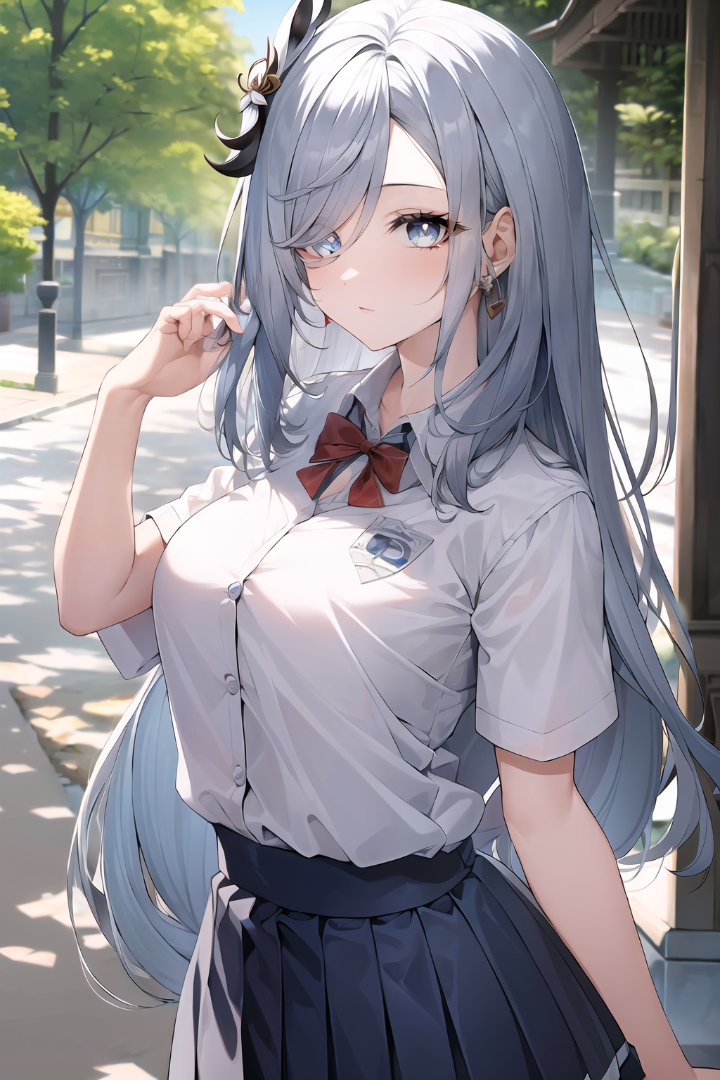 (masterpiece, best quality:1.2),insanely detailed,absurdres,ultra-highres,ultra-detailed,best quality,slender,kawaii,perfect symmetrical face,ultra cute girl,ultra cute face,ultra detailed eyes,ultra cute,ultra beautifu,<lora:shenheh-000001:0.7>,shenhe \(genshin impact\),1girl,solo,hair over one eye,long hair,breasts,grey hair,school uniform,outdoors,multicolored eyes,standing,