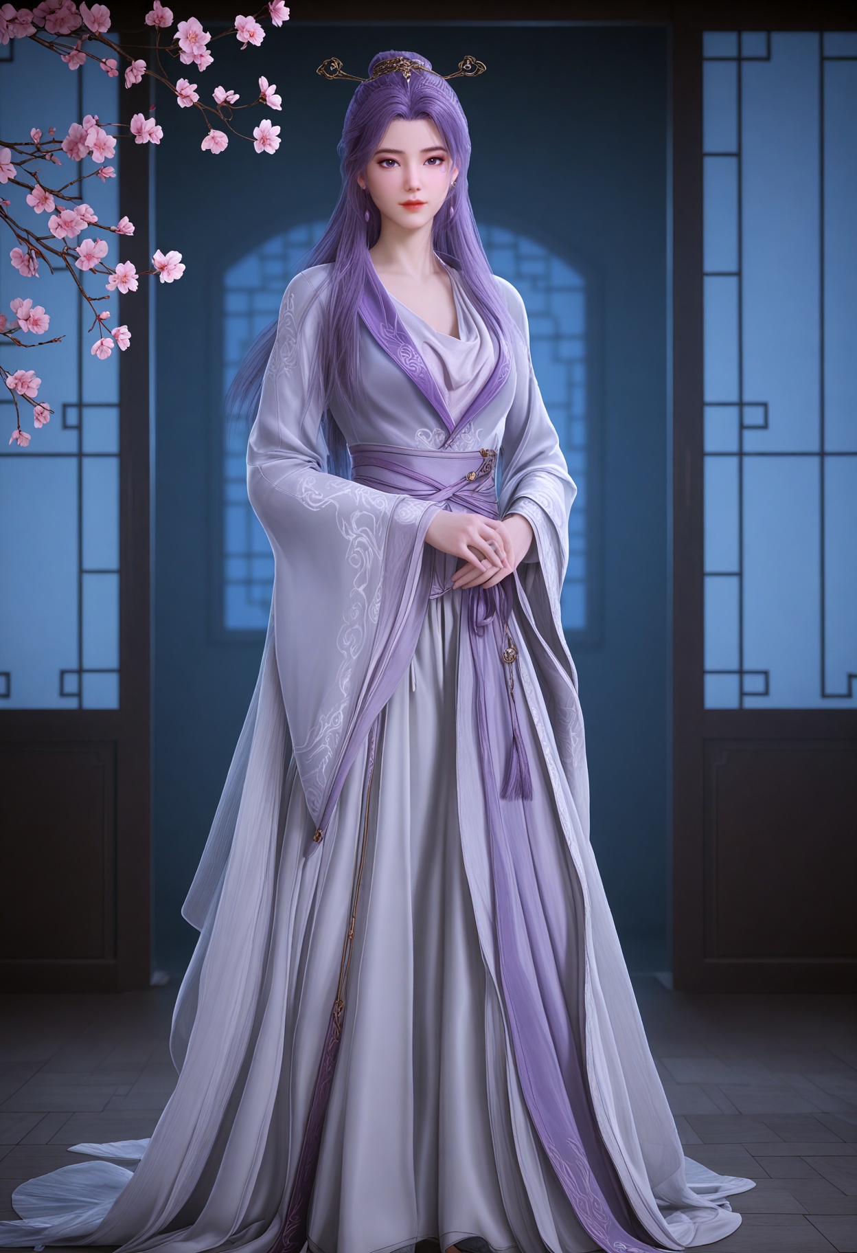 (full_body:1.1),(looking_at_viewer:1.1),(masterpiece:1.1),(best quality:1.2),(intricate details),(smog:1.3),(Dark room:1.3),(dim lighting:1.3),peach blossom,falling petals,<lora:YQ_Illustrious光辉v5_云霄仙子_V1:0.8>,(q1528437228:1.2),long_hair,solo,1girl,purple_hair,hair_ornament,purple_eyes,jewelry,earrings,realistic,dress,long_sleeves,hair_bun,chinese_clothes,hanfu,blue_eyes,hair_stick,masterpiece,(best quality),(intricate details:0.9) BREAK (intricate details:0.9),(realistic skin:1.2),masterpiece,best quality,newest,absurdres,hiahres,