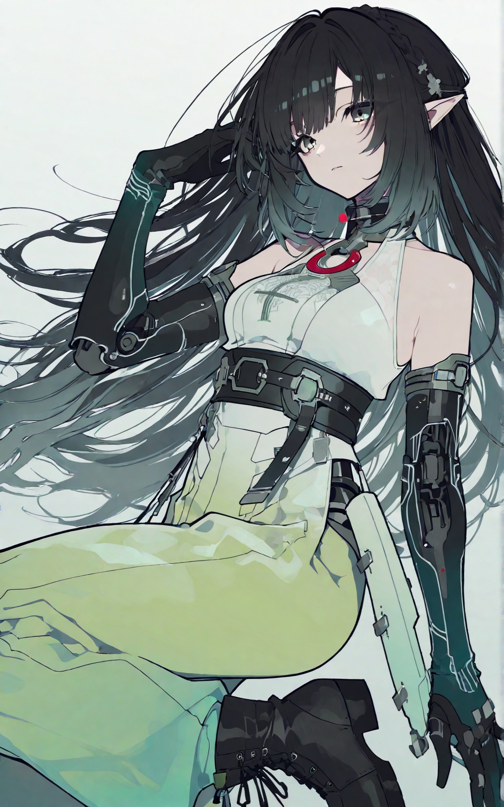 long black hair (turquoise gradient),  green eyes,  elf ears on Tensor.Art