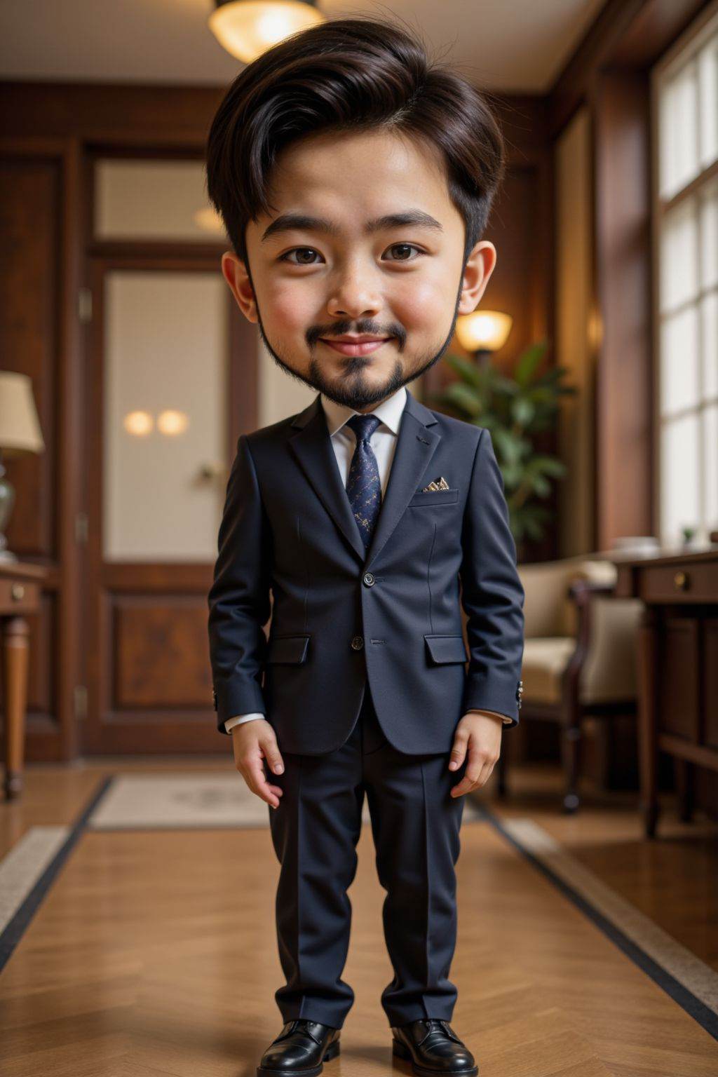 HDR photo of cinematic film still the image is a high-resolution photograph featuring a man,solo,beard,looking at viewer,smile,black short hair,standing,full body,suit,footwear,indoors,realistic,chibi,