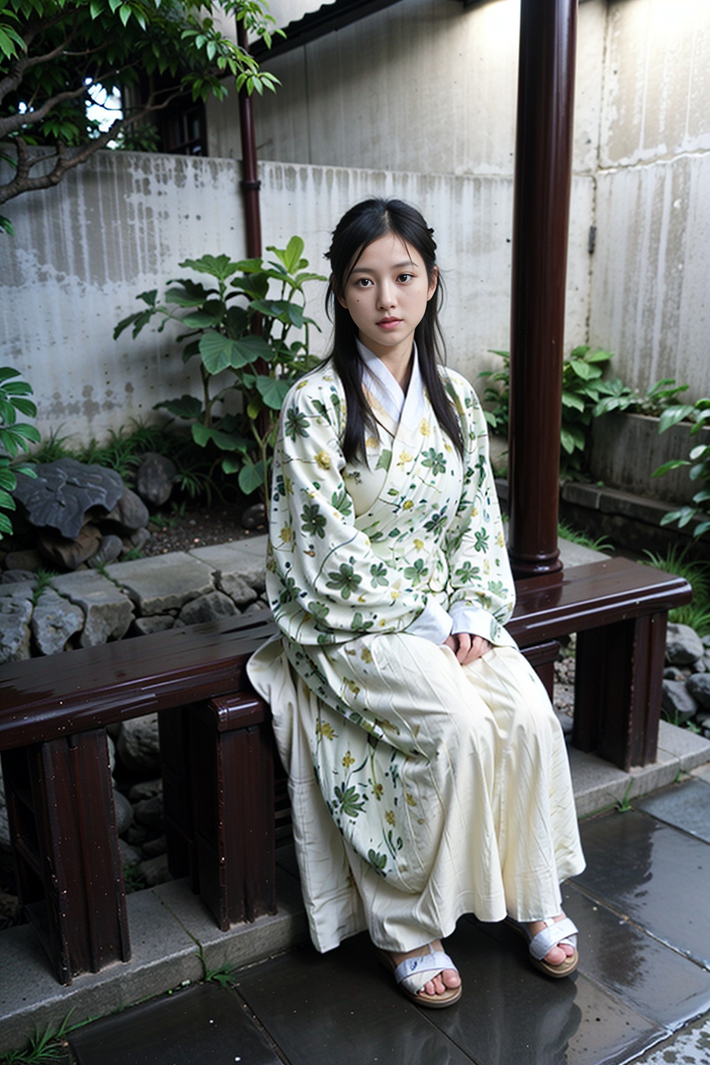 1girl, (best quality, masterpiece, ultra-high resolution, 4K, HDR, UHD, 64K, official art), (photorealistic:1.3, realistic:1.3),depth of field, outdoors, (night:1.3), (dim light), (onsen:1.2, flower arrangement:1.2),floating hair, long hair, dark brown hair,([white]collared_shirt:1.2), (full body:1.3), arms at sides, seductive pose, (wedge heels), (pantyhose), pencil skirt,(sitting:1.3), (large breasts), (solo_focus:1.2), looking_at_viewer,(fit and petite body, busty), (curvy:1.2), (under the water), (wet hair, wet shirt), (sitting in water), red lips, hair flower, hair stick, hanfu(foot focus:1.2, embroidered shoes), 