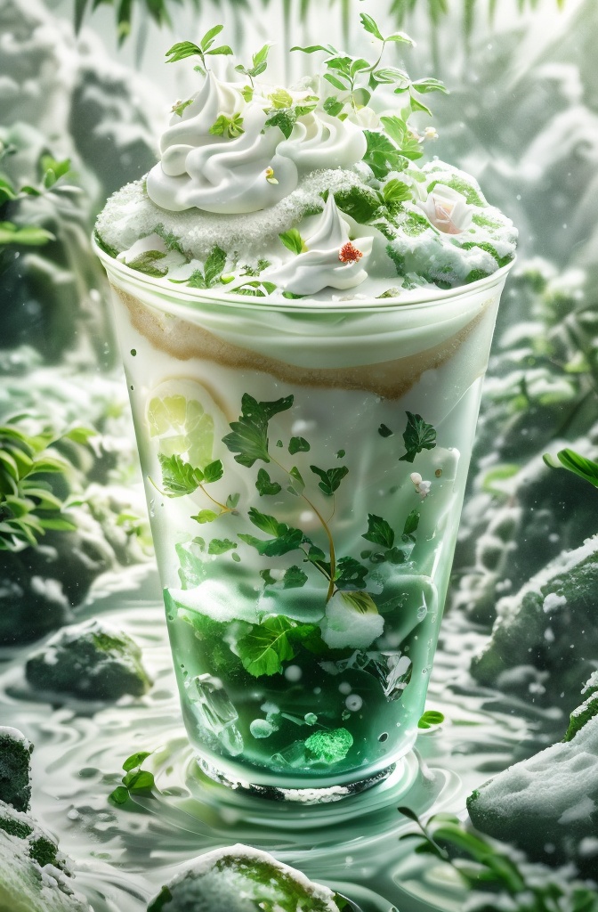 green,(Masterpiece, Boutique, Boutique, Official Art, Beauty, Aesthetics):1.2),a glass of ice and snow surrounded,milky white transparent water,Clean light color background,ray tracing,foreground occlusion,natural light,C4D,OC rendering,product photography,