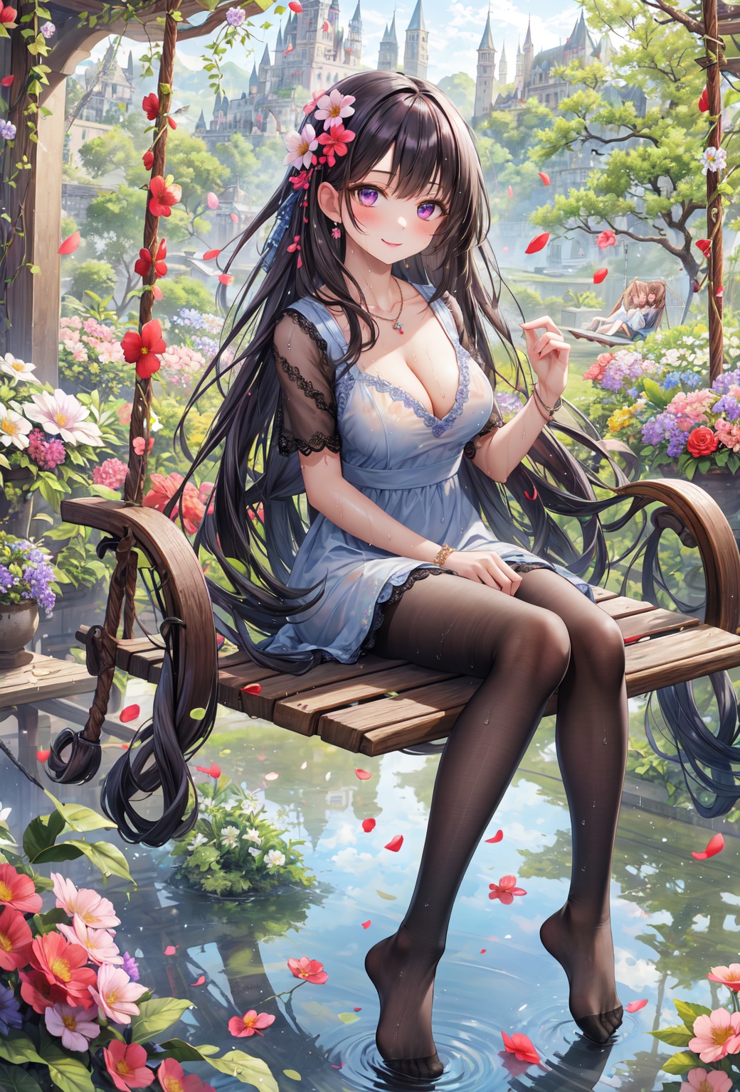 masterpiece,best quality,absurdres,1girl,beautiful detailed girl,fine and beautiful detailed skin,perky breasts,pantyhose,sidelocks,long hair,cleavage,collarbone,low-cut,pinafore dress,seductive smile,flower necklace,petals,flower,Vines entanglement,(hands on own chest:1.1),see-through,water drop,wet and messy,extremely detailed beautiful background,CG,8K wallpaper,garden of the sun,full body,depth of field,floral background,vines,sitting,(patio swing:1.1),garden,under tree,floating castle,plum blossoms,Millions of flowers,no shoes,ray tracing,reflection light,<lora:连衣裙torino_aqua:0.4>,<lora:童话核心fairycore:0.2>,