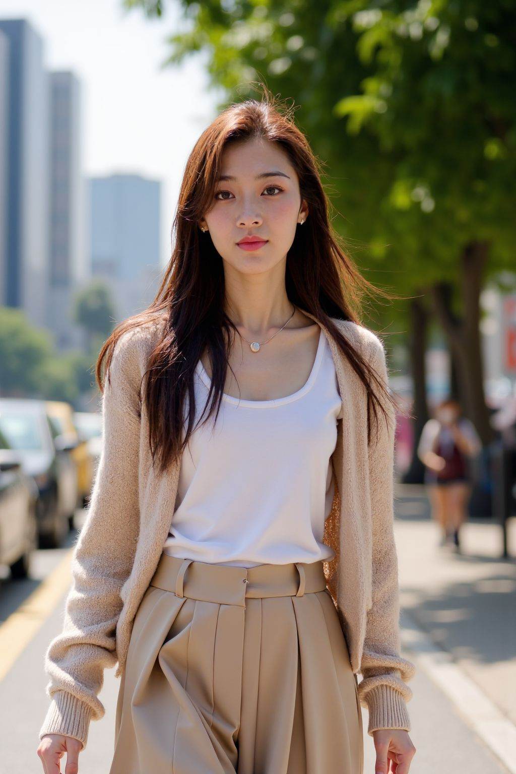 This is a high-resolution photograph featuring a young woman walking on a city street. She has long, dark brown hair that cascades over her shoulders in soft waves. Her complexion is fair, and she has a youthful appearance with a neutral makeup look, including subtle pink lipstick. She is wearing a light beige cardigan with a V-neck and long sleeves, paired with a fitted white **** top underneath. Her outfit also includes a high-waisted, pleated beige skirt that falls to mid-thigh, giving her a casual yet polished look.The background reveals an urban setting with modern high-rise buildings and a blurred street scene. The street is lined with parked cars and pedestrians, some of whom are blurred due to the depth of field. The sky is clear with a hint of haze, suggesting a sunny day. The street is paved with asphalt, and there are visible yellow road markings. A large green tree with lush foliage is visible on the right side of the image, adding a touch of nature to the urban environment. The overall mood of the photograph is casual and contemporary, capturing a moment of everyday life in a city.