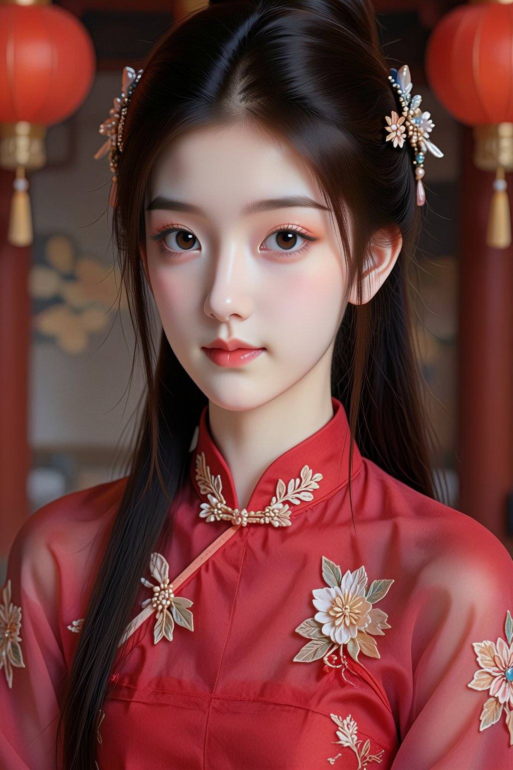 A photograph of an East Asian woman with fair skin and delicate features,  wearing a traditional red Chinese cheongsam ado...