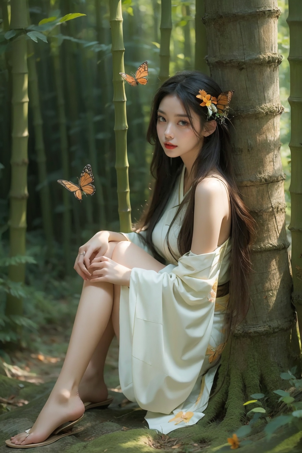 (masterpiece:1.2),best quality,highres,extremely detailed CG,8k wallpaper,photograph,night,1girl,forest system,nature,butterfly,bug,long hair,butterfly,hair ornament,sleeves flying,ribbon trim,looking at viewer,hanfu,barefoot_sandals,makeup,red lips,bare shoulders,lipstick,hair flower,<lora:FF_20240114010424-000007:0.7>,
