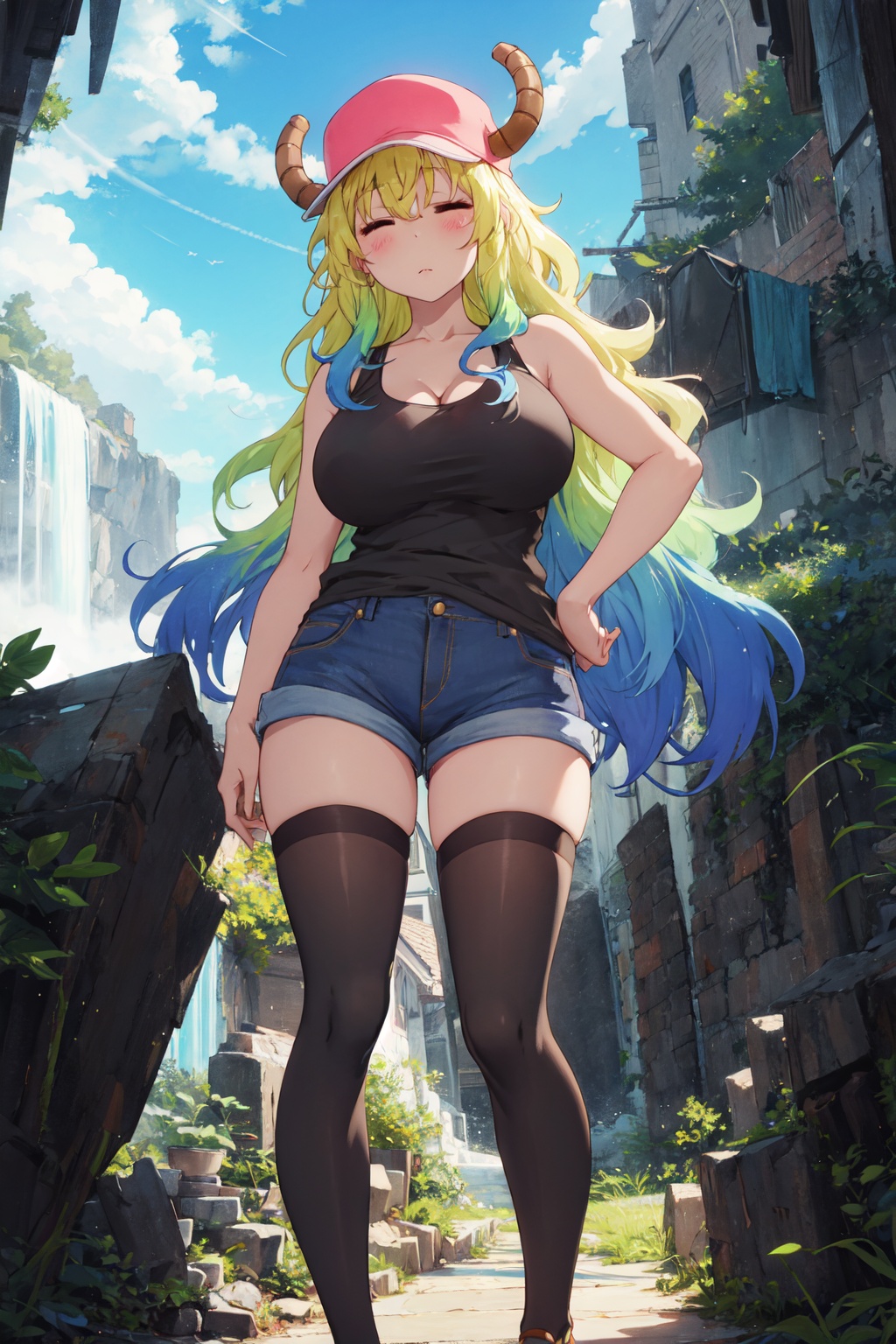 <lora:Quetzalcoatl-000019:0.8>,Lcoa CYQL,1girl,looking at viewer,solo,dragon girl,long hair,blonde hair,green hair,multicolored hair,gradient hair,horns through headwear,dragon horns,hat,pink headwear,closed eyes,**** top,black **** top,breasts,large breasts,cleavage,shorts,denim shorts,thighhighs,black thighhighs,denim,blue shorts,grin,bust,Descending beneath the earth, fantastical stalactites and stalagmites take on eerie shapes under dim light,(Orchids, Ferns, Palm trees, Epiphytes, Dense foliage, Humidity, Exotic birds:0.5),beautiful detailed sky,beautiful detailed glow,posing in front of a colorful and dynamic background,masterpiece,best quality,beautiful and aesthetic,contrapposto,female focus,wallpaper,