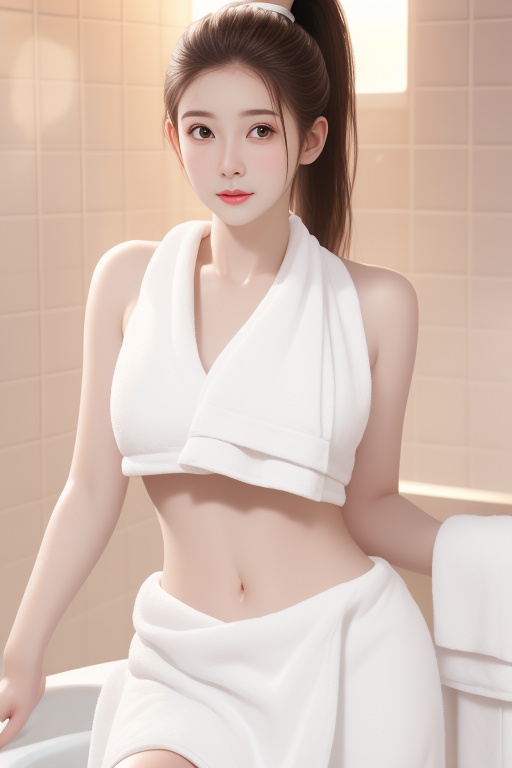 <lora:baipifu:1>,(((white skin))),1girl,breasts,solo,navel,looking at viewer,ponytail,long hair,brown hair,((shiny skin)),(((bath towel))),