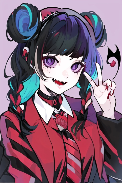 CH, high contrast, 1Girl, solo, looking at the audience, blue blue smile, short hair, open mouth, bangs, black hair accessories, long sleeves, black and red Gothic Lolita, bow, holding, jewelry, headband, food, demon wings, demon tail, Lolita fashion, Gothic Lolita, Lolita headband, macaron, purple background