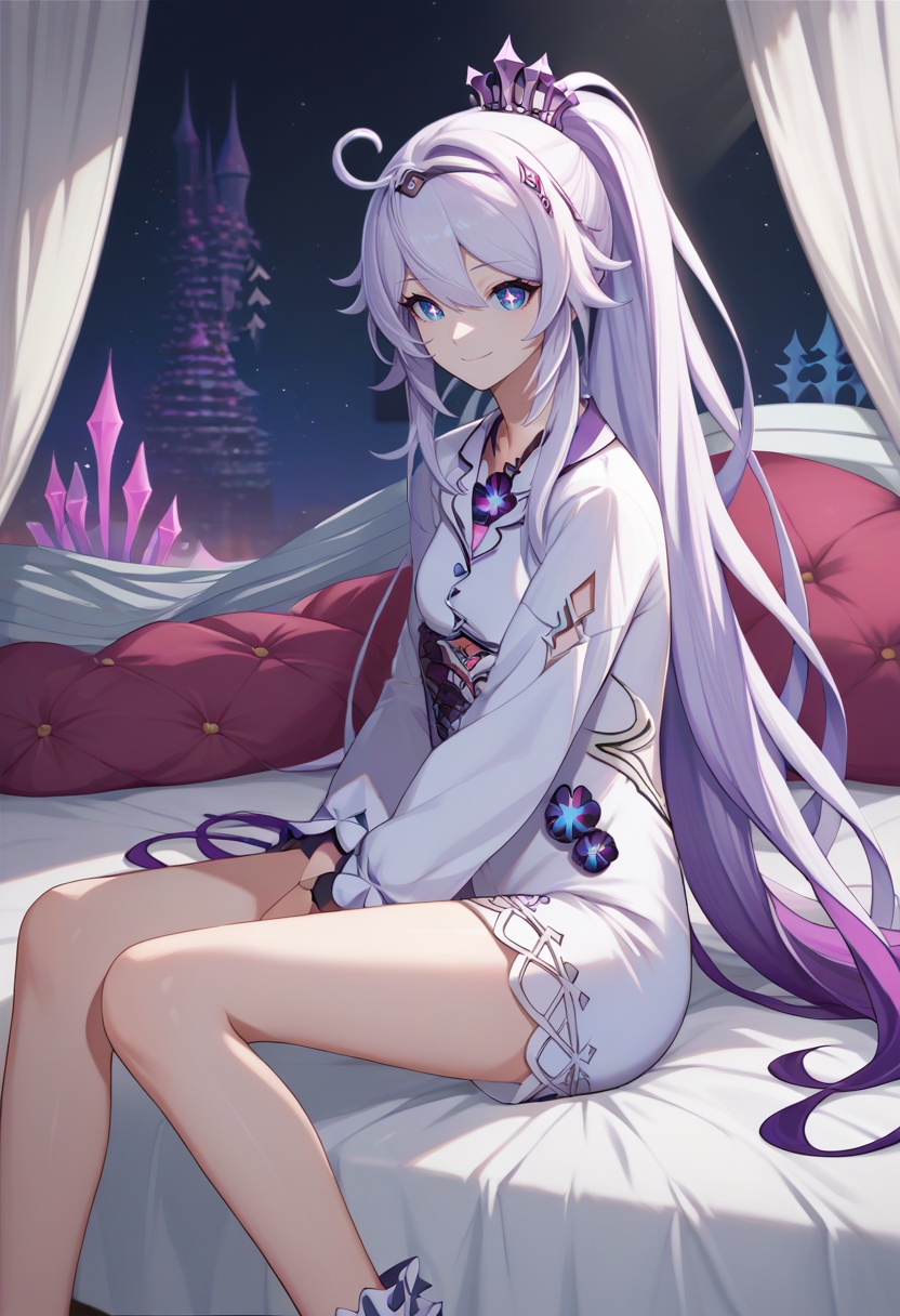 score_9, score_8_up, score_7_up, source_anime, solo, 1girl, herrscher of finality, smile, looking at viewer, sitting, bed, very long hair, ahoge, high ponytail, hair ornament, crown, symbol-shaped pupils, white pajamas, indoors, bedroom <lora:hi3_herrscherof_finality_ponyXL:1>