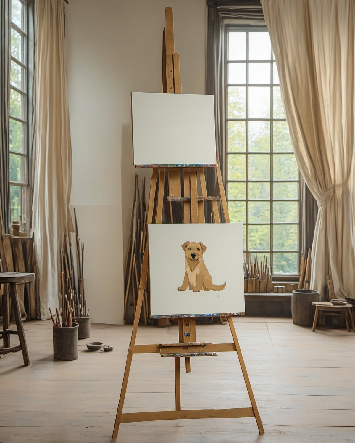 Generate a photorealistic image of a painting on an easel . The painting features in a minimalist,  brushstroke style,  ca...