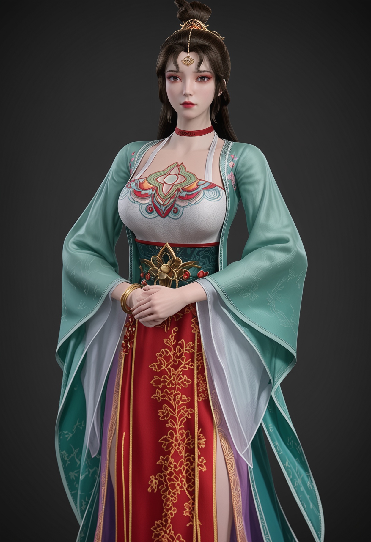 (gigantic breasts:0.6),(cowboy shot:1.1),(looking at viewer:1.1),facing viewer,direct gaze,<lora:YQ_pony_yunmo_V4:0.8>,q1528437228,1girl,solo,black hair,long hair,choker,red choker,hair ornament,dress,chinese clothes,long sleeves,jewelry,forehead mark,bracelet,wide sleeves,hair bun,brown hair,mole under eye,brown eyes,eyeshadow,red footwear,BREAK simple background,pure black background,black background,perfect anatomy,