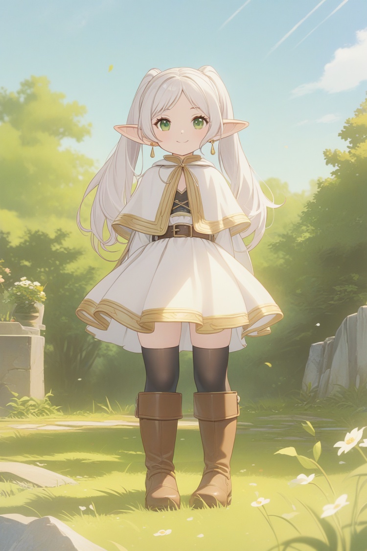 Shinkai Style, background blur, Depth of field, game scene, masterpiece, HD, best quality, 16k，1girl, solo, long hair, looking at viewer, smile, bangs, thighhighs, dress, twintails, jewelry, green eyes, standing, full body, flower, white hair, earrings, boots, outdoors, sky, day, pointy ears, belt, black thighhighs, white dress, capelet, brown footwear, arms behind back, grass, elf, white capelet, lalafell