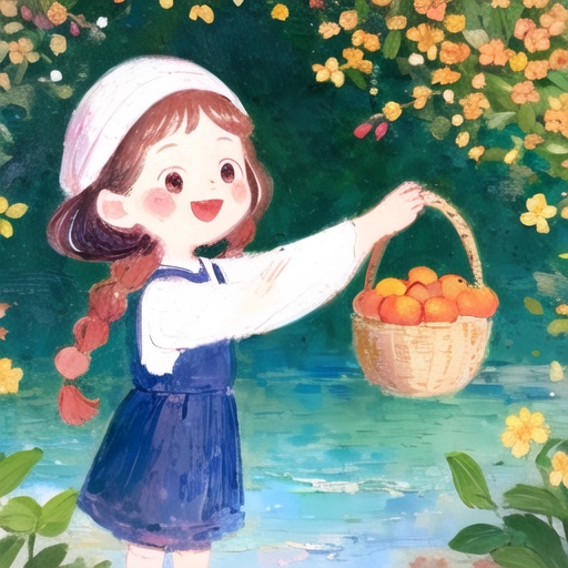 <lora:sfch-000013:0.7>,4k,Autumn,first frost solar term,persimmon tree,covered with persimmons,persimmons with frost,a little girl holding a basket to pick persimmons,she wore two braided hair,wearing a headscarf,wearing a long skirt,wearing a red scar,eyes big,red face,laughing eyes on covered is young on,narrowed into a sea am,the picture warm tone,warm,beautiful background colorful background forest background,simple detail tuyafengge Disney Little Man 001KIDS ILLUSTRATION MBE_style bichu,oil painting,Impressionism mjtyhz,