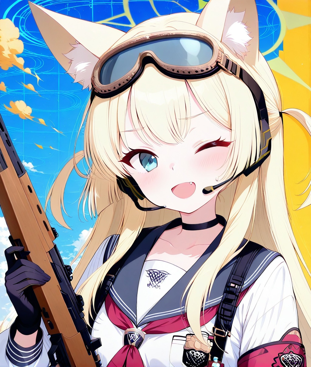 O,ultra detailed anime texture,Kurumi(blue archive),Kurumi(blue archive),1girl, animal ears, solo, weapon, one eye closed, gun, long hair, headset, holding weapon, blue eyes, gloves, fang, holding, goggles, animal ear fluff, upper body, holding gun, choker, goggles on head, red neckerchief, blonde hair, open mouth, black choker, sailor collar, neckerchief, rifle, black gloves, long sleeves, fox ears, bangs, shirt, armband,(aesthetics ),masterpiece,best quality,ultra high definition,32K resolution,clear focus,delicate details,high-end texture,fashion photography,film perspective,rich colors,color palette,advertising style,tension composition,masterpiece,mild atmosphere,latest,dynamic Dutch perspective,transparent composition,magazine cover,cover,