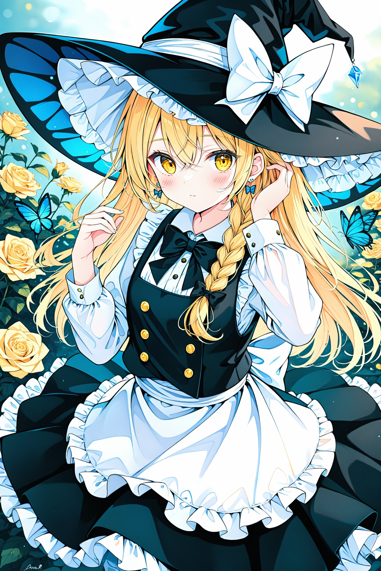 masterpiece,best quality,illustration,ultra detailed,hdr,Depth of field,(colorful),Artist ame929,1girl,hat,kirisame marisa,blonde hair,solo,yellow eyes,bug,witch hat,butterfly,long hair,braid,bow,flower,apron,black headwear,single braid,long sleeves,hair ornament,earrings,jewelry,white bow,hair flower,shirt,white shirt,closed mouth,hair between eyes,waist apron,white apron,black bow,white flower,hat bow,black skirt,blush,bowtie,skirt,black bowtie,looking at viewer,rose,hair bow,vest,black vest,frills,signature,buttons,hand on headwear,