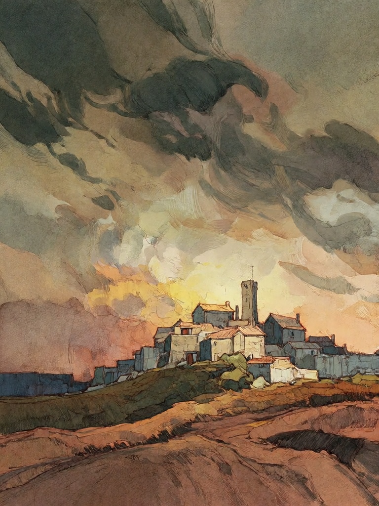 Bradhamel art style.The image is a painterly landscape dominated by a vast,  moody sky filled with swirling dark and muted...