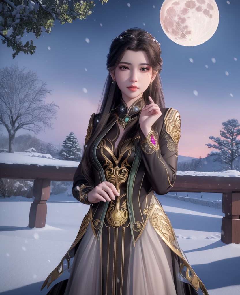 <lora:548-DA-师兄啊师克-碧霄:0.8>(,1girl, ,best quality, ),looking at viewer,  ultra realistic 8k cg, picture-perfect face,   clean, masterpiece,     cinematic lighting, cinematic bloom, fantasy,  , unreal, science fiction, ((,1girl, pov,))(((,tree, 1girl, full moon,snowing,snow ,solo,     solo focus,  long_hair, looking_at_viewer,  )))  (rich:1.4,)     prestige, luxury, jewelry, diamond, gold, pearl, gem, sapphire, ruby, emerald, intricate detail, delicate pattern, charming, alluring, seductive, erotic, enchanting, hair ornament, necklace, earrings, bracelet, ,
