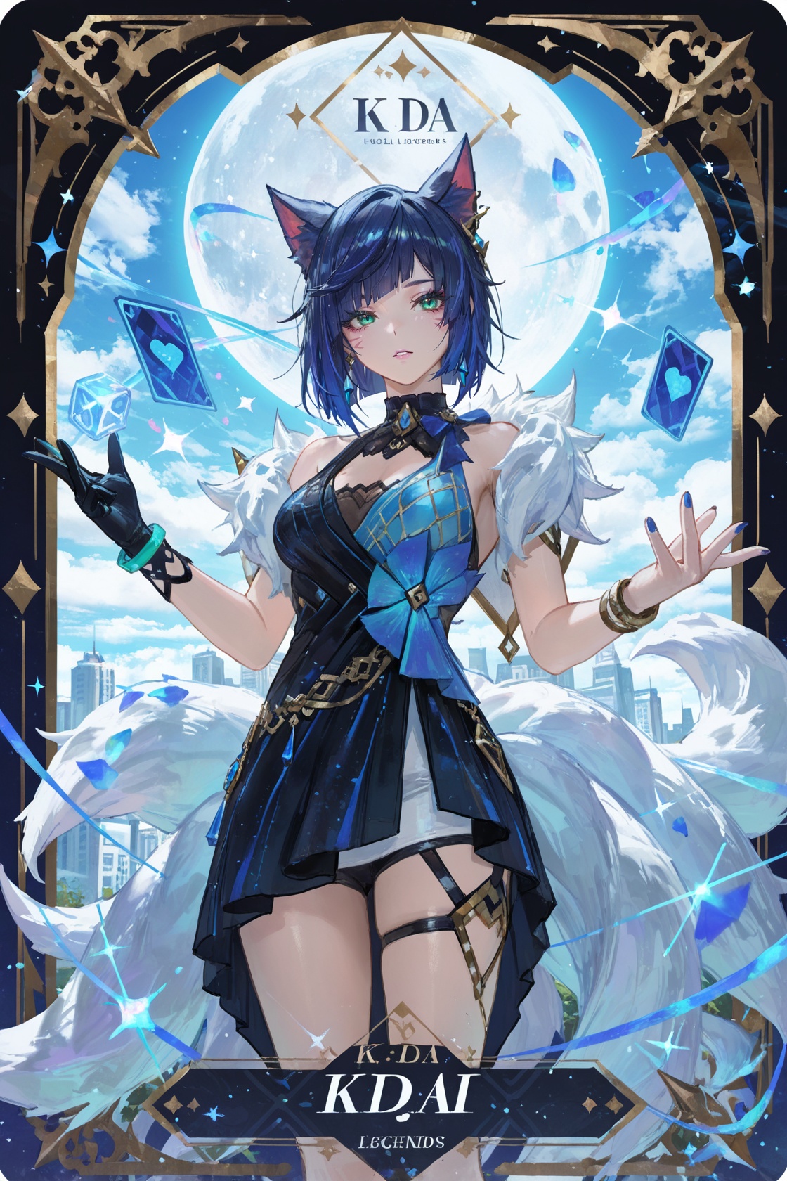 8k,masterpiece,best quality,amazing quality,very aesthetic,absurdres,(ultra-detailed),(high detailed skin),((artist:betabeet)),artist:john_kafka,artist:nixeu,artist:quasarcake,((artist:reoen),(artist:fuzichoco),(artist:atdan),(artist:torino_aqua),year 2024:0.8),(by xilmo, by modare, by reoen:1.1),(hyperrealistic:1.1),(high_contrast:1.1),(holy_(\theme\):1.2),(card_\(theme\):1.1),solo,(white-color-scheme:1.1),character card,abstract sun,moon and stars,thick line,solo,league_of_legends,ahri_\(league_of_legends\),k/da ahri,<lora:yela_new-ill-Tanger:0.8>,yelan \(genshin impact\),clothes: yelanew blue-and-black dress,yelanew alternate costume,1girl,yelanew single glove,jewelry,bracelet,blue hair,bangs,green eyes,sleeveless,yelanew fur trim,<lora:neg101-000008:0.5>,murals,holy light,mural sun,simple white background,angels come,clouds,card border,frame pattern,facial lighting,