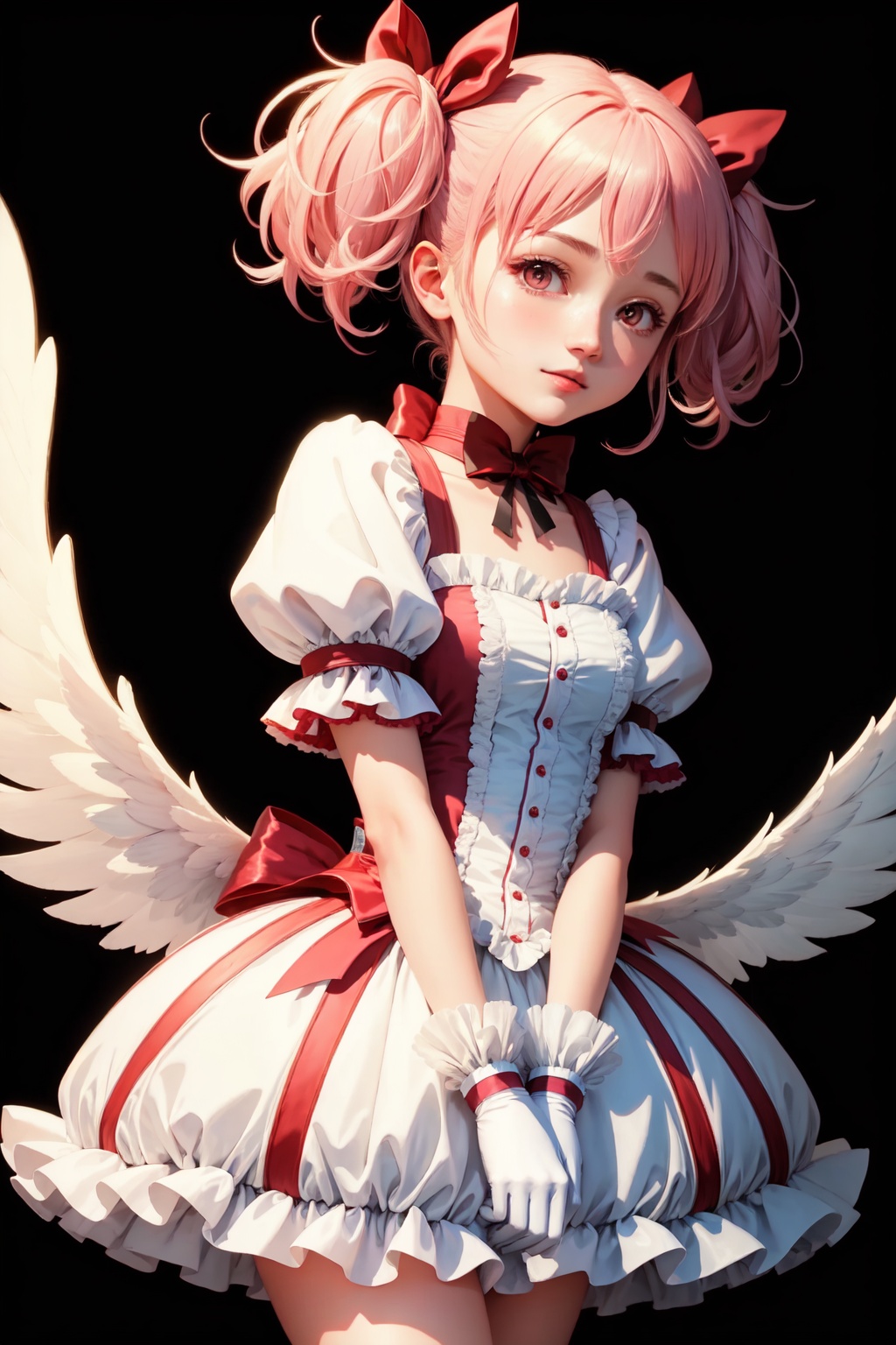 masterpiece,best quality, highly detailed, kaname_madoka,1girl,solo,short_twintails,white_gloves,magical_girl,puffy_short_sleeves,looking_at_viewer,white_background,blush,simple_background,hair_ribbon<lora:kaname_madoka:1>,simple background,white background