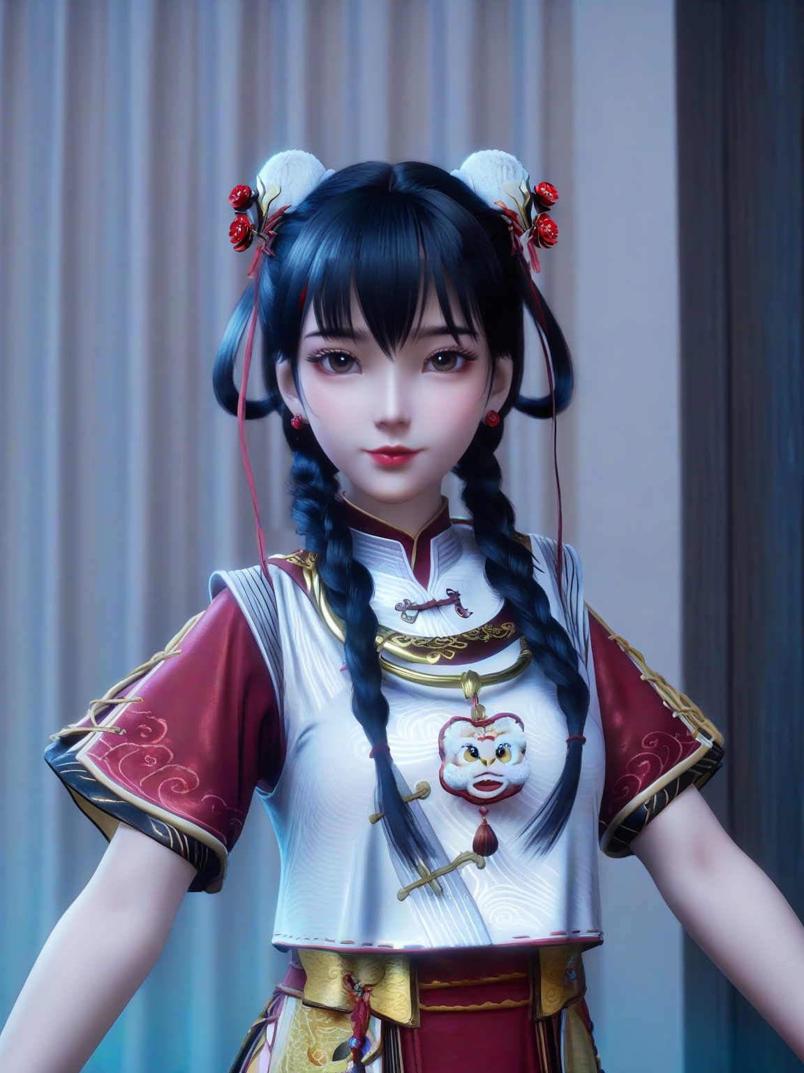 score_9,1girl,solo,standing,twin braids,bangs,hair ornament,brown eyes,earrings,chinese clothes,dress,breasts,black hair,double bun,lipstick,short sleeves,skirt,looking at viewer,upper body,<lora:SF_JiYuanBao_Pony_Realism2.3-000004:0.72>,