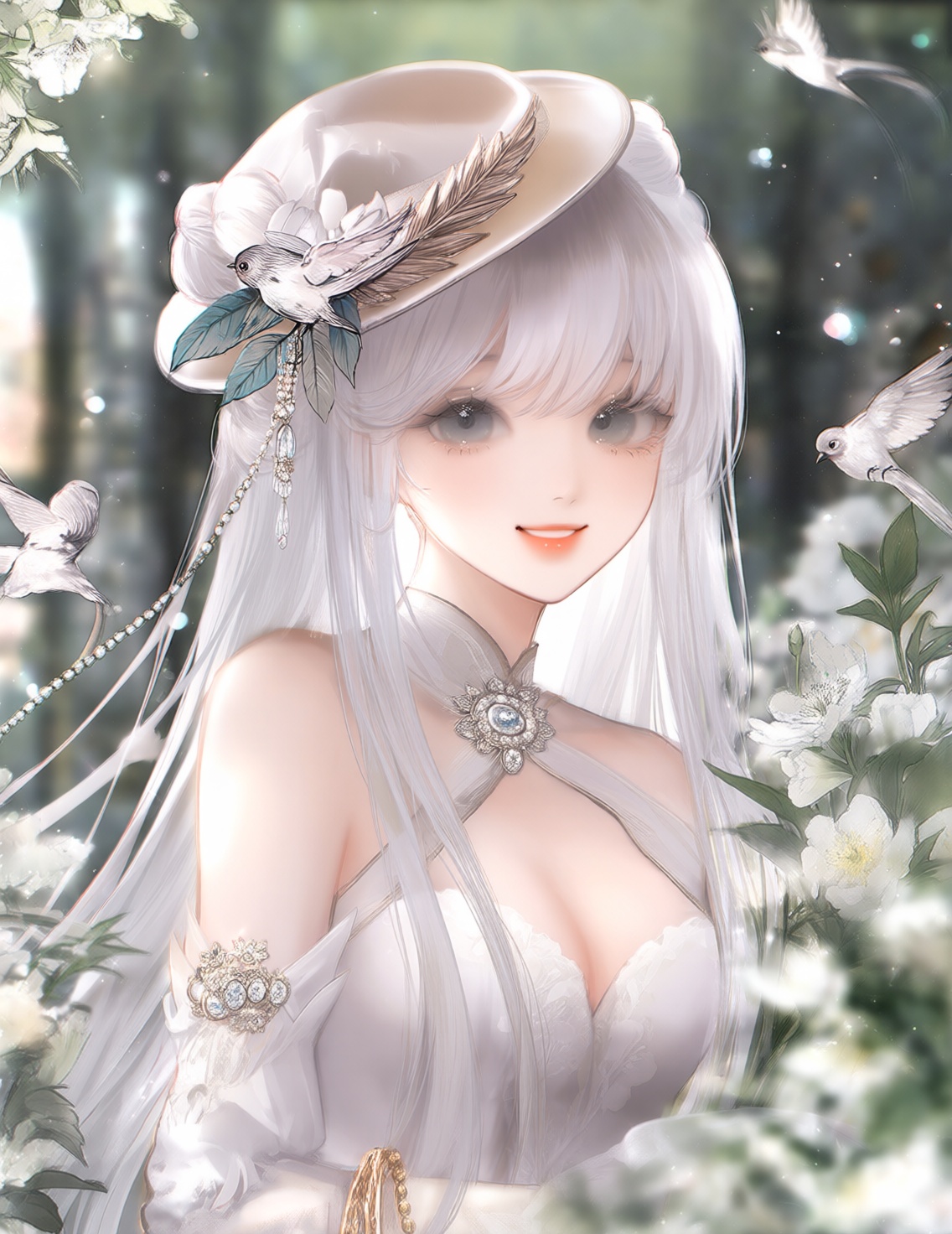 1girl, white hair, solo, upper body, bracelet, hair bun, jewelry, looking at viewer, flower, long hair, smile, dress, hair ornament, bird, sash, cleavage cutout, grey eyes, clothing cutout, parted lips, breasts, blurry, cleavage, hat, leaf, white dress, white flower, blurry background